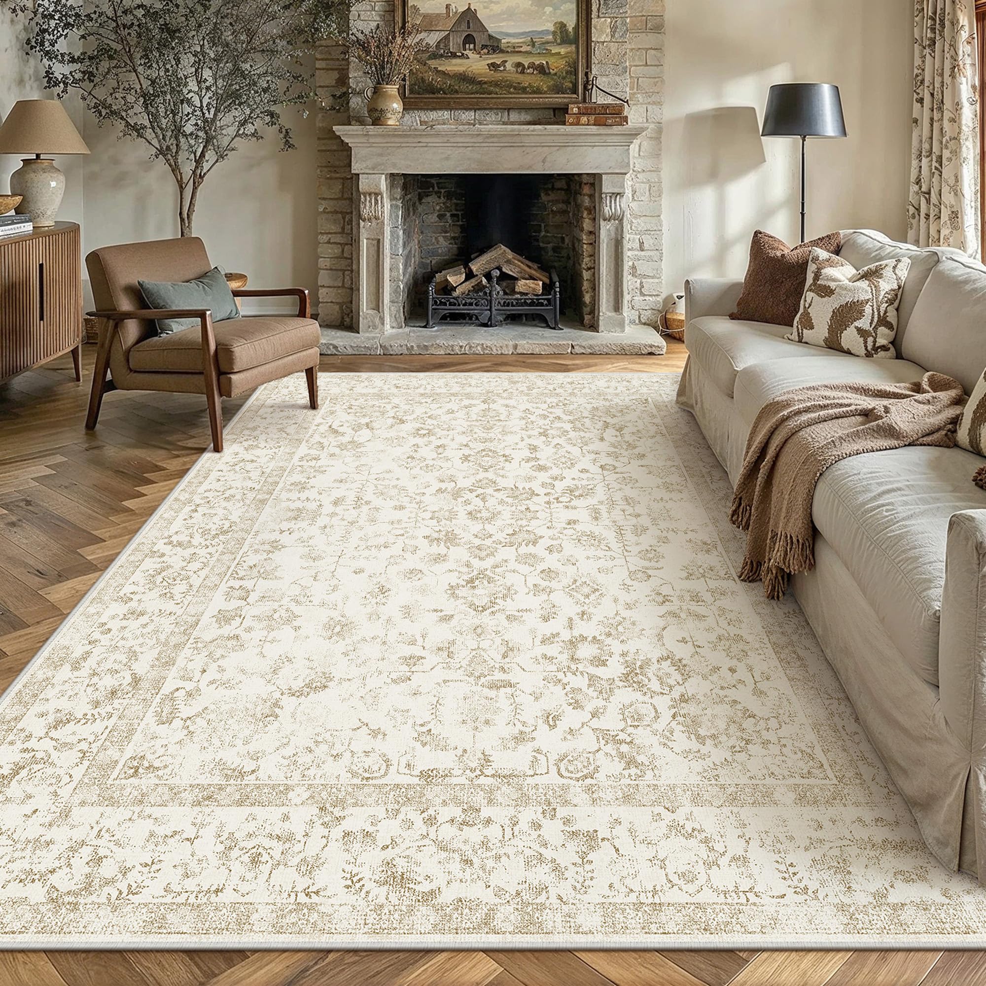 PureCozy Beige Teppich Wohnzimmer 200x300cm Vintage Waschbarer rutschfest Kurzflor Weich Bumen Boho Retro Groß Teppiche für Schlafzimmer Küchen Esszimmer Bedroom Living Room