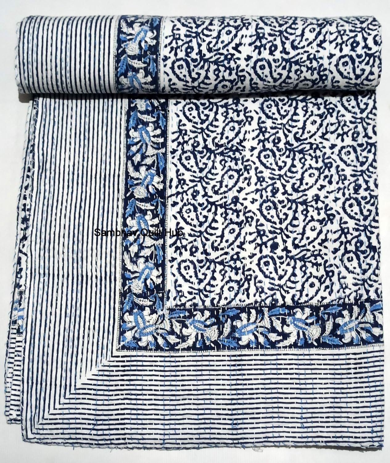 White Handblock Home Decor Quilt Floral Elephant Print Handmade Quilted Kantha Bedspread Boho Bedding Queen Size/King Size Bed Cover Block Throw Kantha Quilt