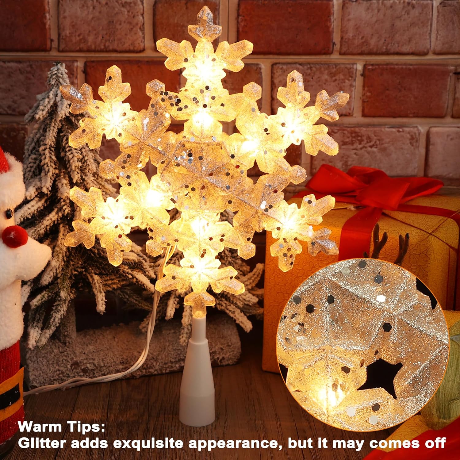 Brizled Silver Snowflake Tree Topper, 9" Christmas Tree Topper with 10 Warm White Lights, 120V UL Certified Christmas Tree Star Topper, Glitter Snowflake Treetop for Christmas Tree Party Home Decor - Image 2