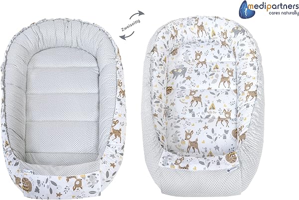 Medi Partners Babynest Nestchen Baby Set für Neugeborene - 100x60x15 Kuschelnest 5 teilig tragbar Nest zweiseitig Babynestchen Bett 100% Baumwolle (REH mit Grauem Minky) - 4