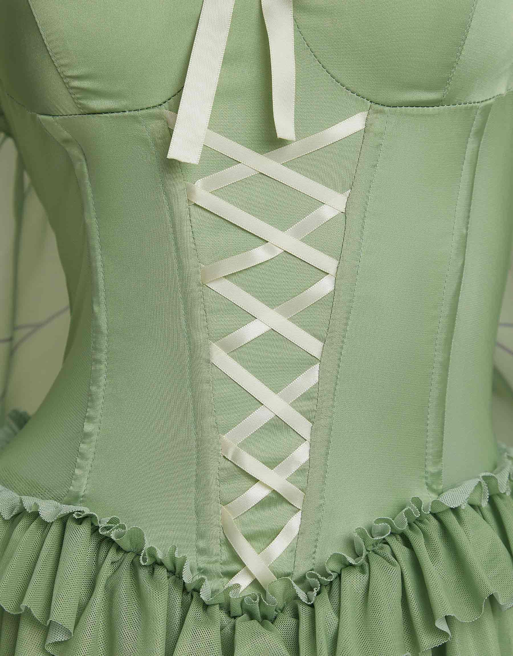 Women Fairy Cosplay Costume Green Elf Ruffle Elegant Leotard Dress with Necklace Stockings Halloween Rave: Large Green