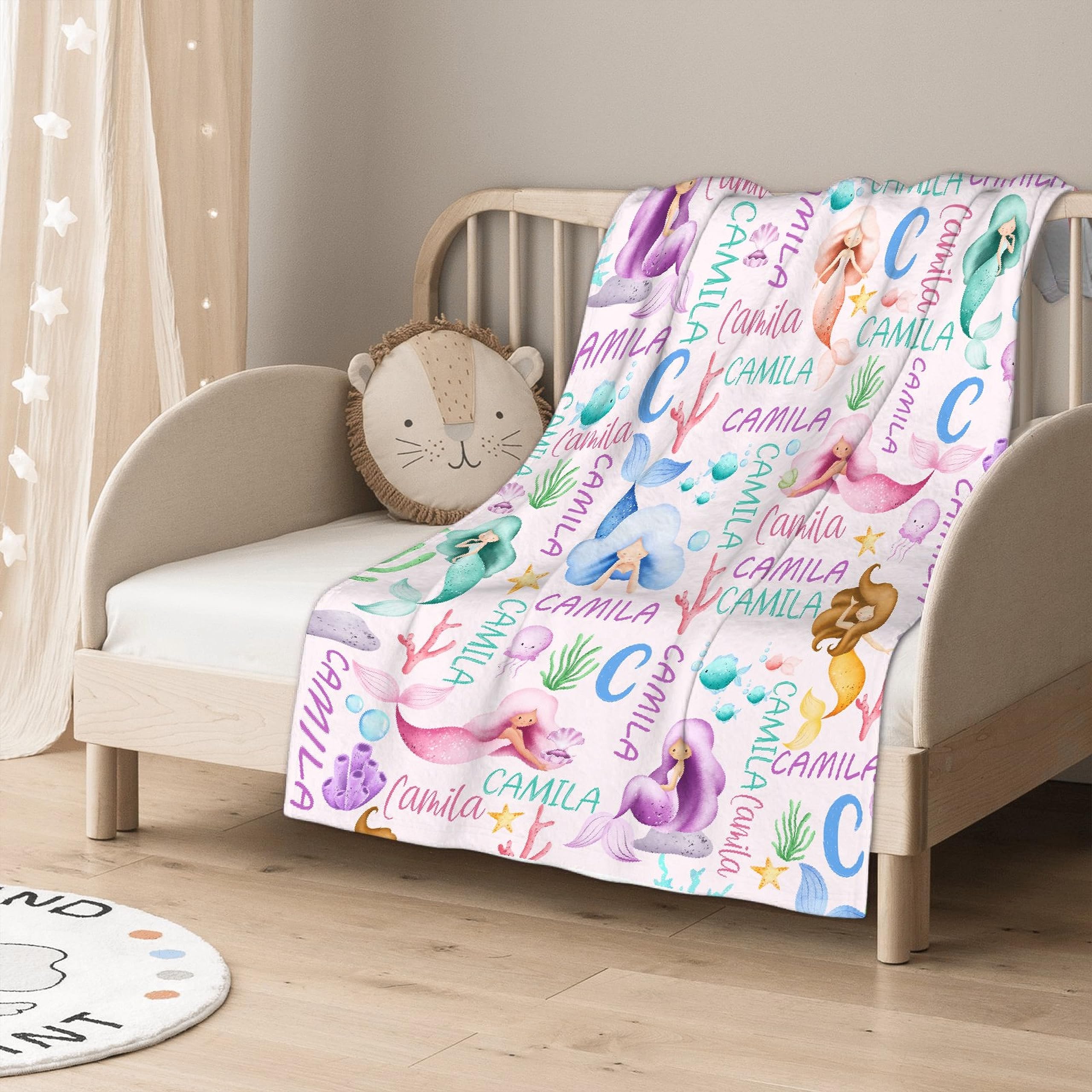 Personalized Mermaid Baby Blanket with Name - Swaddle Blanket for Toddlers, Infants, Kids & Newborns - Nursery Stroller Crib Decor Throw - Birthday Gift