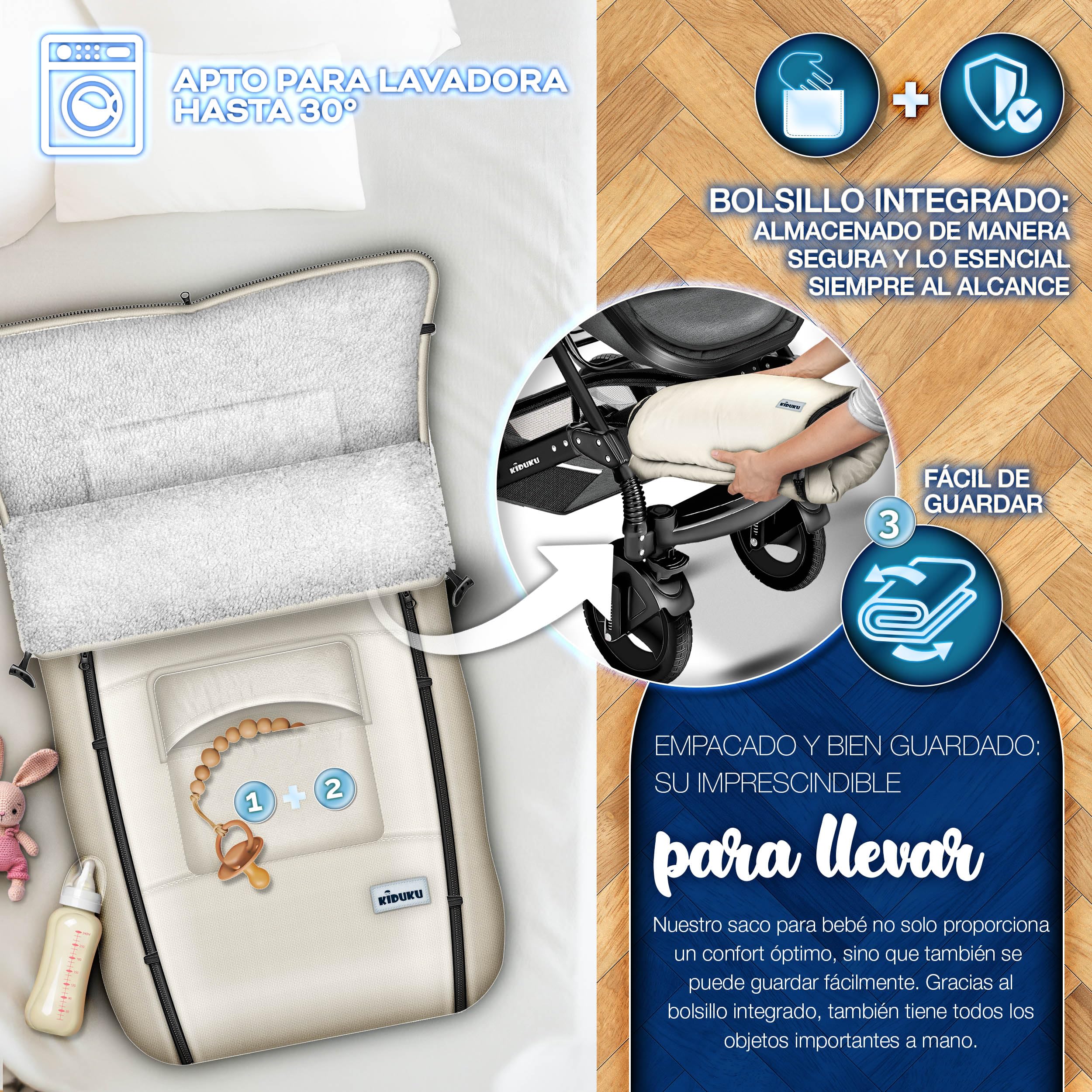 KIDUKU Saco de Invierno para Cochecito, Carrito | Saco Universal Térmico para Bebé, Silla de Paseo, Carro | Lavable | con Cremallera y Gran Bolsillo