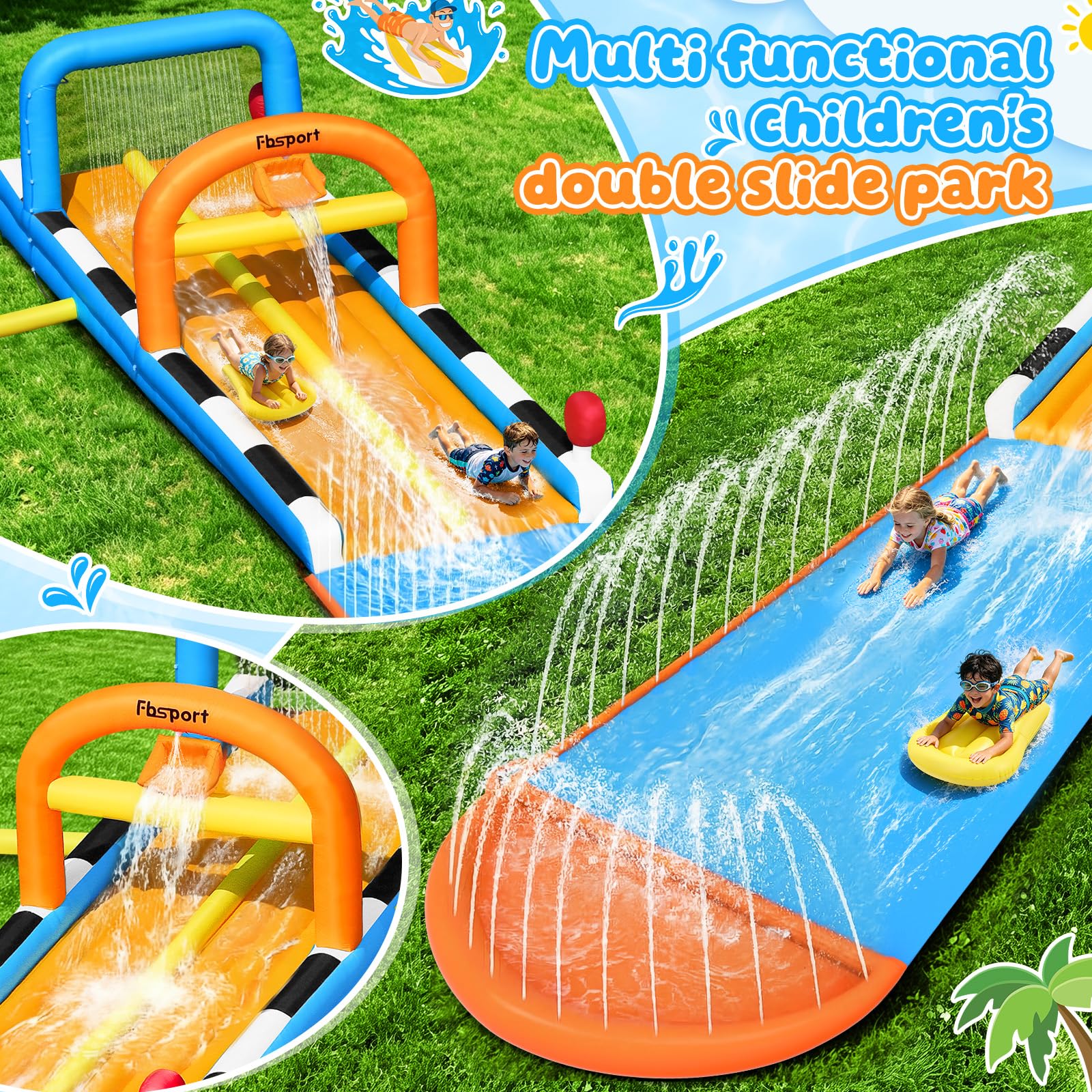 FBSPORT 10M Aufblasbare Wasserbahn | Wasser Hüpfburg Outdoor mit Doppelte Rennbahn, Rasen Wasserrutsche mit Sprinklern & 2 Bodyboards, Wasserpark Kinder Garten