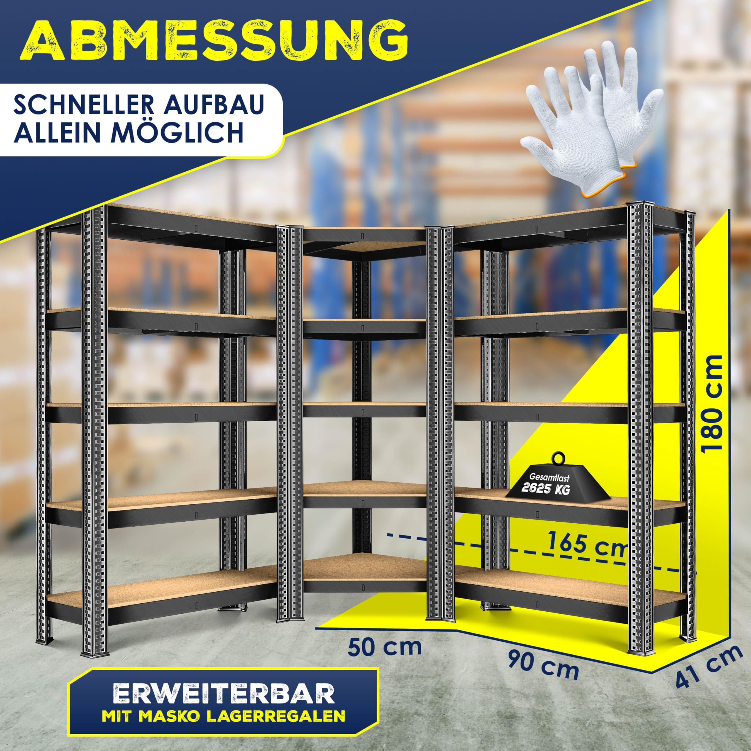 MASKO® Jeu de 3 Étagères en Métal - 1 Étagère d'Angle & 2 de Stockage | 15 Plaques MDF | Capacité 2625 kg | Étagère d'Atelier - Noir