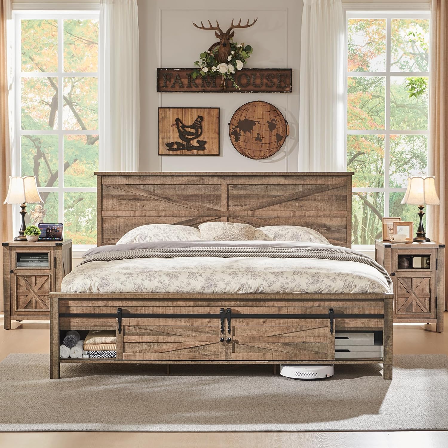 JXQTLINGMU King Farmhouse Wood Bed Frame with barn door headboard and footboard, shown in a bedroom setting.