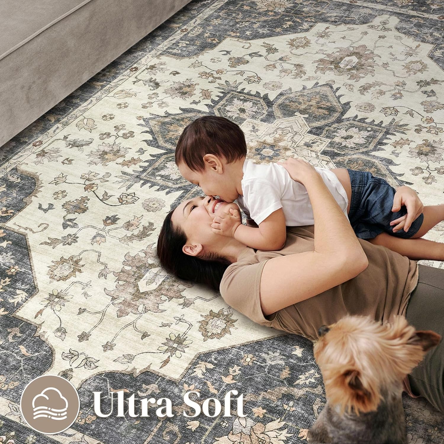 area rug for living room - 5x7 soft washable oriental vintage floral distressed large carpet - fade stain resistant non slip rugs for bedroom dining room nursery dorm office home decor - beige blue beige blue 5' x 7' (rectangular)