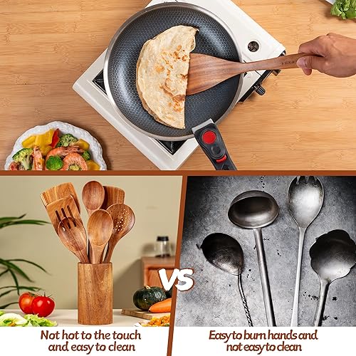 Miniatura 4 de Cucharas de madera para cocinar, 9 utensilios de madera de teca natural para cocinar, juego de utensilios de cocina de madera y juego de utensilios