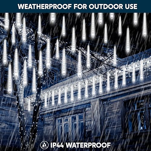 Miniatura 3 de JOYIN Luces de Navidad para exteriores, 8 tubos de luces de lluvia de meteoritos blancas, 192 LED, luz de lluvia en cascada de carámbano de nieve