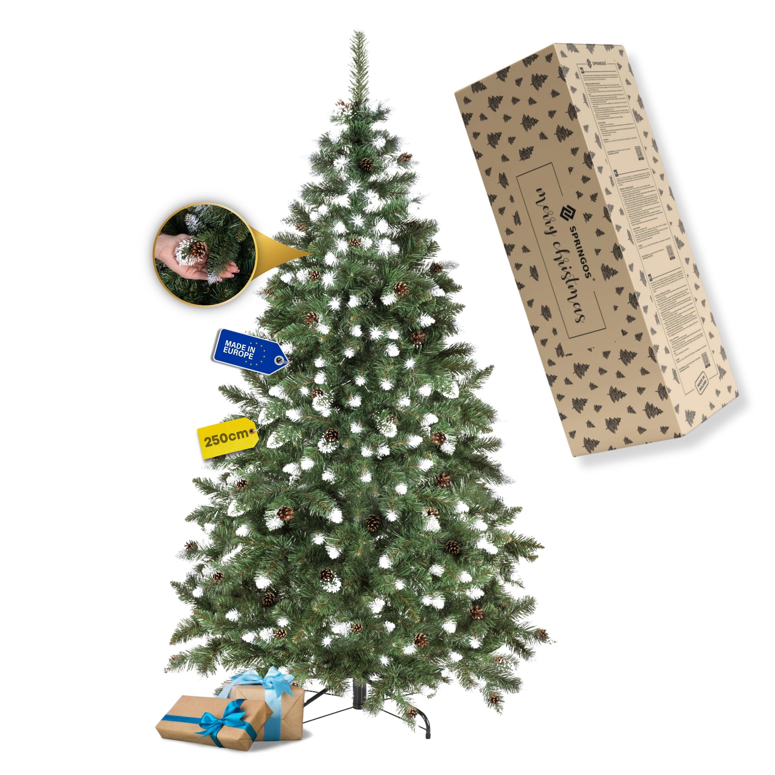 Sapin de Noël Artificiel avec Aiguilles réalistes, 250 cm, Effet Neige + Support Gratuit, pour la Maison, 250 cm Springos
