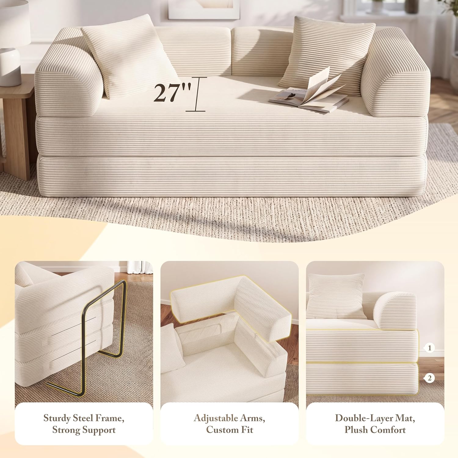 Cloud Boneless Convertible Floor Sofa Bed, 70" 5-in-1 Foldable Compressed Loveseat Lounge Sleeper 2 Seater Couches, High-Density Sponge & Corduroy Fabric Futon Daybed for Living Room Bedroom(Beige)