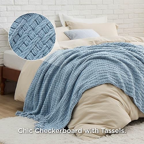 Miniatura 10 de Bedsure Mantas de Felpilla para Sofá - Manta de Chenilla Tejida de Punto Grueso Texturizado - Manta Boho Decorativa Súper Suave y Cálida con Borlas