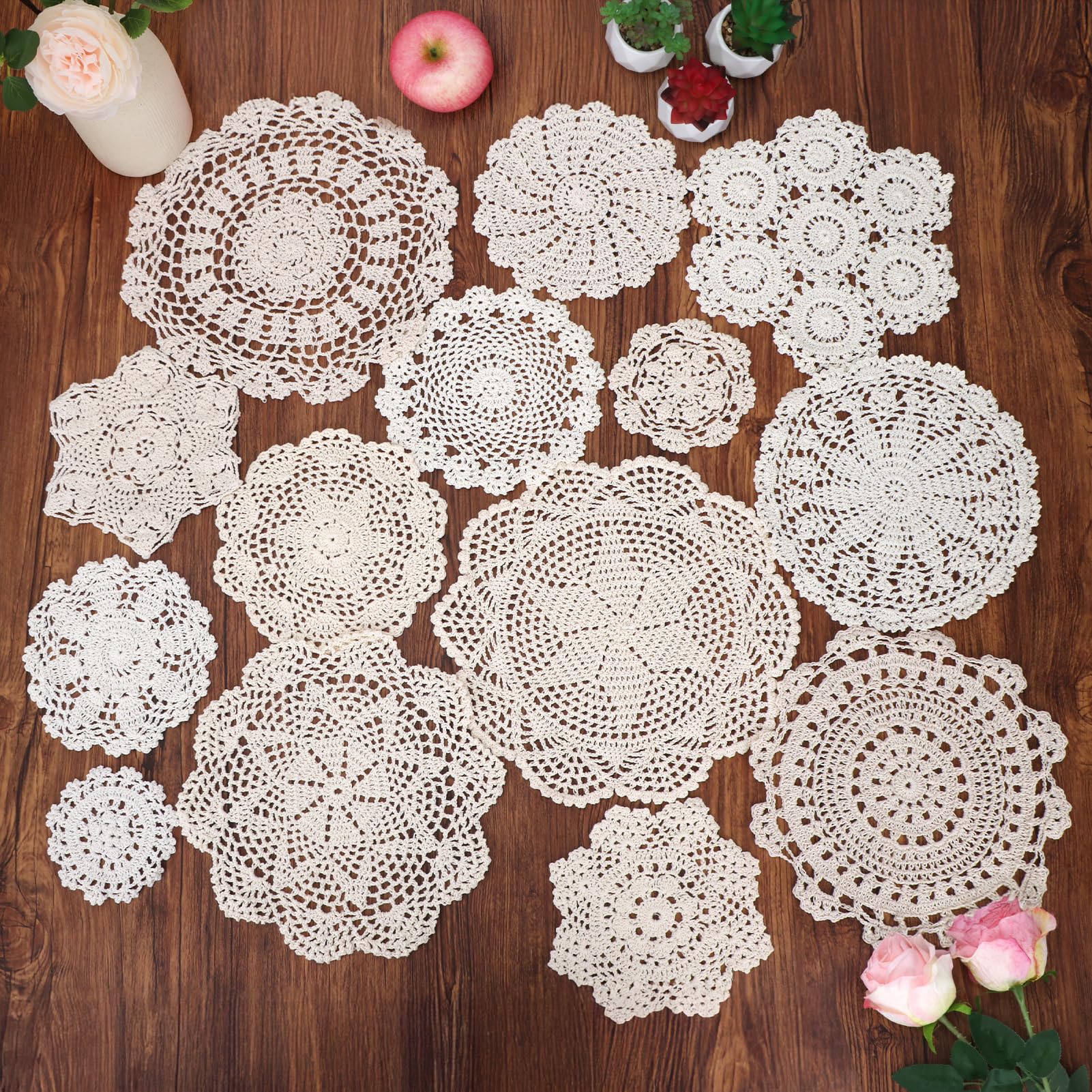 kilofly 14 pcs Cotton Crochet Coasters Doilies 4"-11.8" Handmade White Beige Placemats