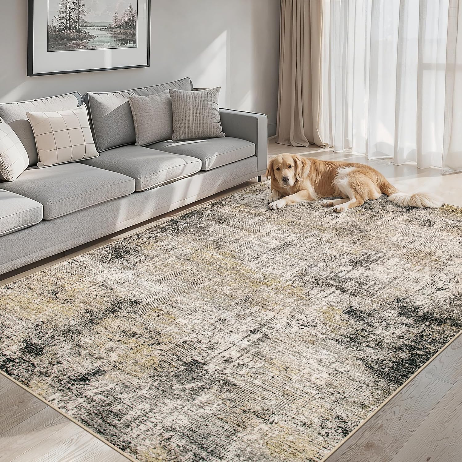 Area Rugs Living Room Rug - 4x6 Washable Modern Abstract Soft Neutral Non-Slip Carpet Large Indoor Floor Thin Carpets for Bedroom Dining Room Farmhouse Nursery Home Office Brown Black Grey thumbnail