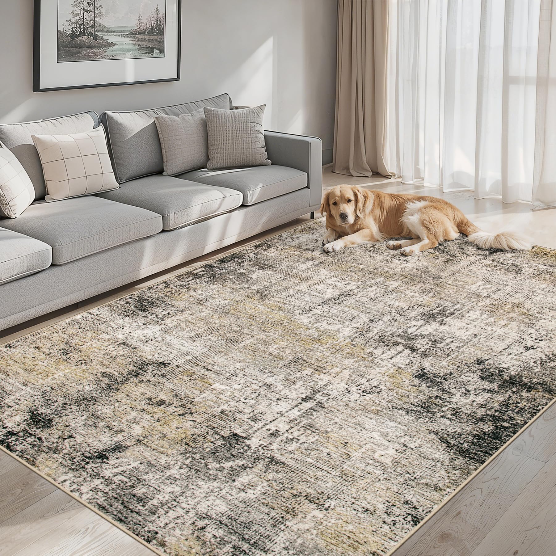 PLHXFR Area Rug Living Room: 4x6 Abstract Washable Carpet Brown Black | For Bedroom Dining Room Farmhouse Nursery Home,Machine washable,Non Slip,Large Soft Neutral,Stain Resistant, Indoor Floor
