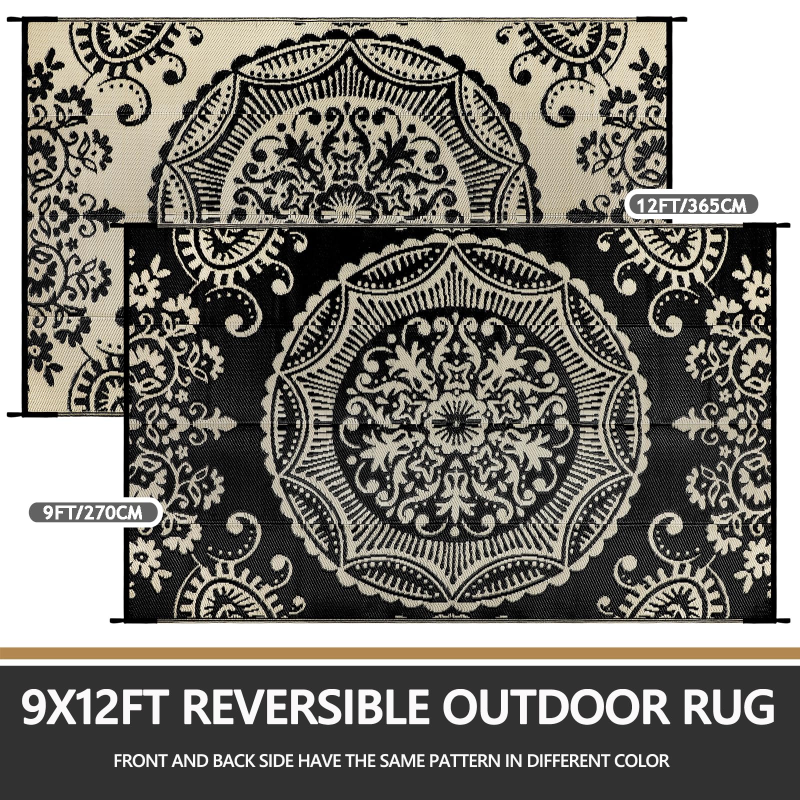 Capslpad Outdoor Teppich Wetterfest, Balkon Teppich, Kunststoff Camping Teppich, Leichtgewicht Picknickdecke, Vorzeltteppich Outdoorteppich für Balkon, Picknick, Camping, Garten, 270 x 365 cm Schwarz