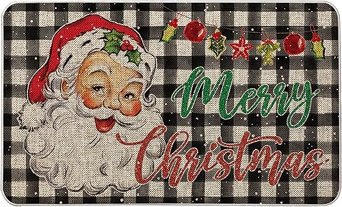 RIVONE Tapete decorativo de Papá Noel de nieve de 17 x 29 pulgadas decoración navideña de búfalo a cuadros duradero antideslizante de perfil bajo