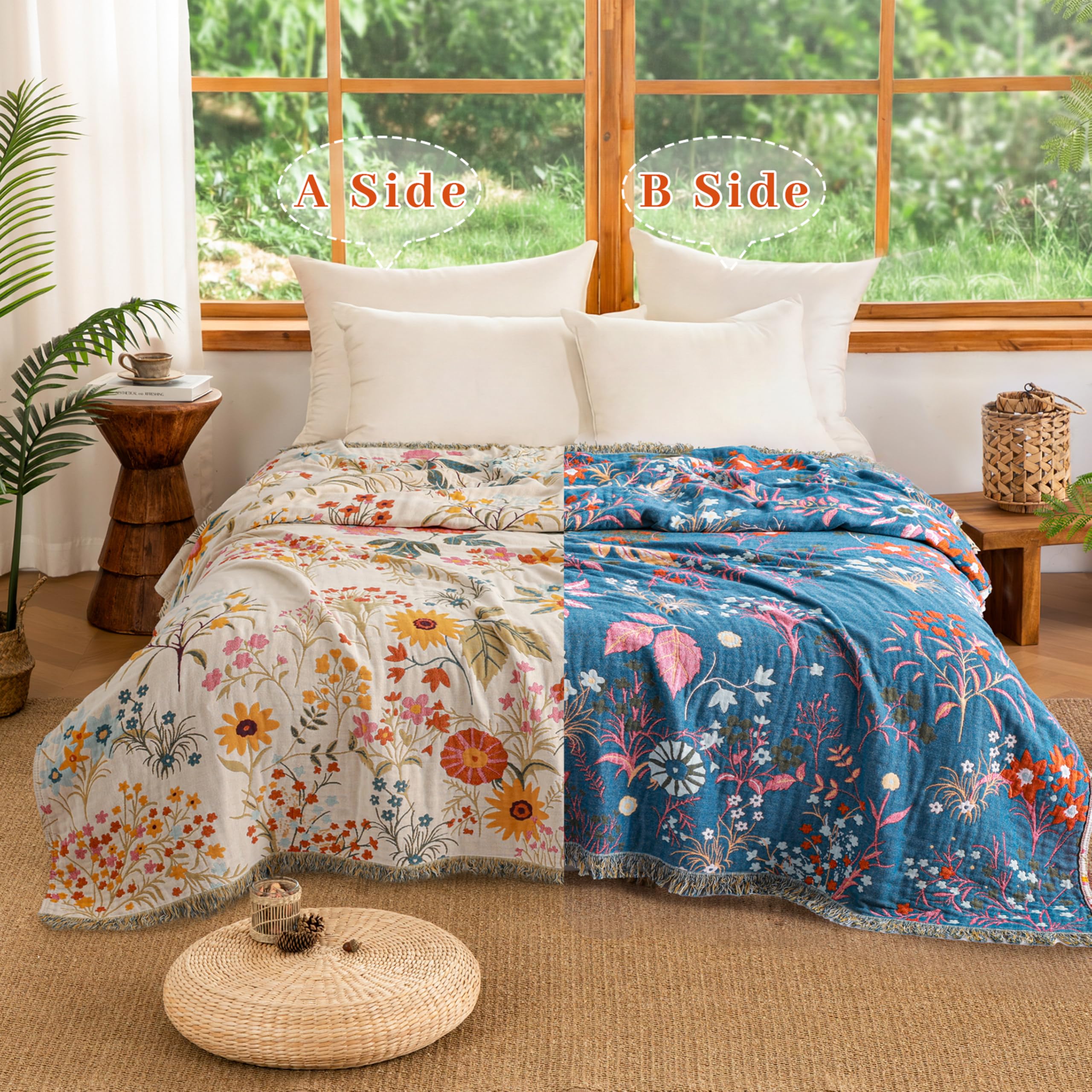 Narzuta w stylu boho z frędzlami, 100% bawełna, dwustronny muślinowy koc 150 x 200 cm, miękki, przytulny koc na sofę, oddychająca, do salonu, sypialni, do użytku przez cały rok