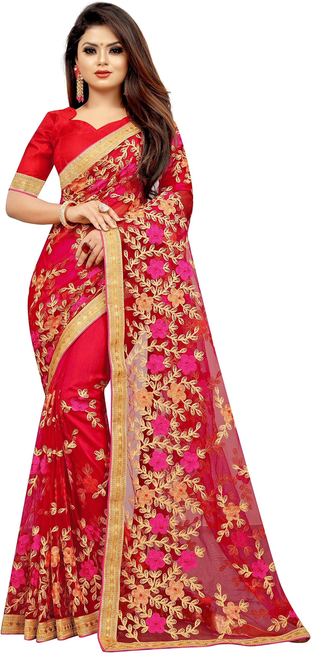 BARKIYA CREATION Women's Net Saree With Unstiched Blouse Piece