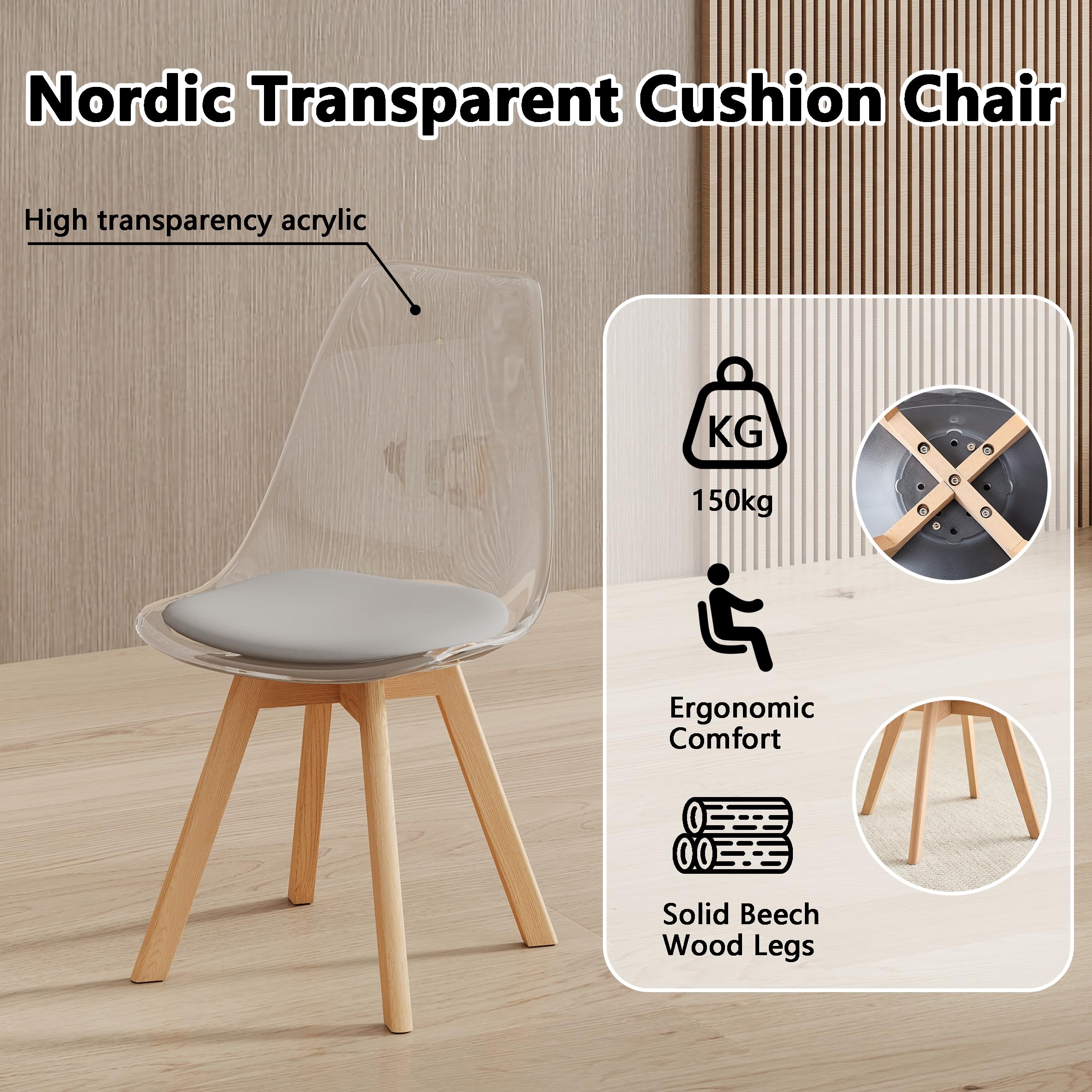 GrandCA HOME Juego de 4 Sillas Nórdicas, Respaldo Transparente,Patas Haya | Silla ergonómica Para Cenas Familiares, Apartamentos y Restaurantes,Almohadón PU, Fácil Limpieza y Montaje Rápido,Gris - PU