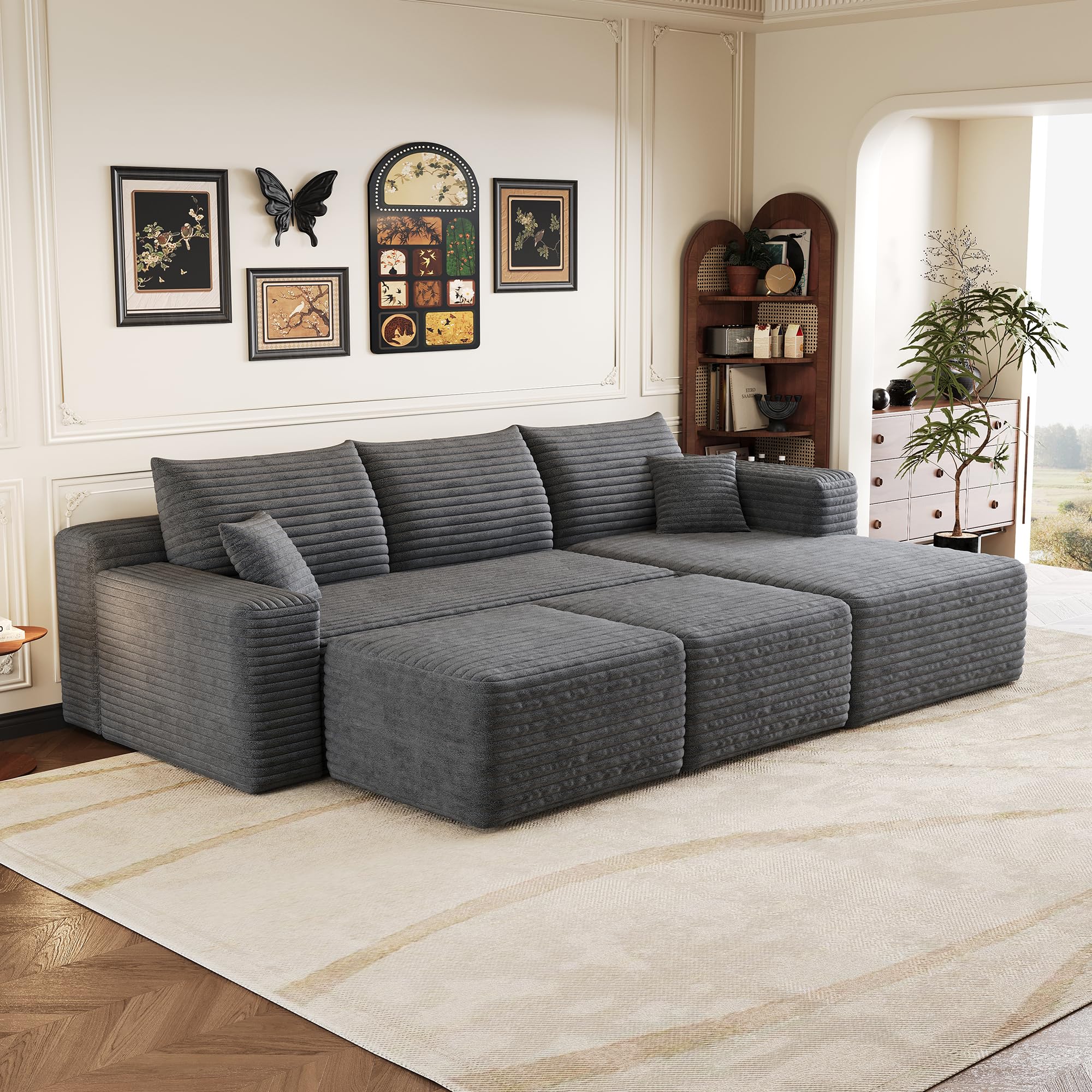 Sofá esquinero Convertible,sofá de Tres plazas,sofá Modular Compresible,no Requiere Montaje, cojín de Esponja de Alta Densidad 32D, Tejido de Pana