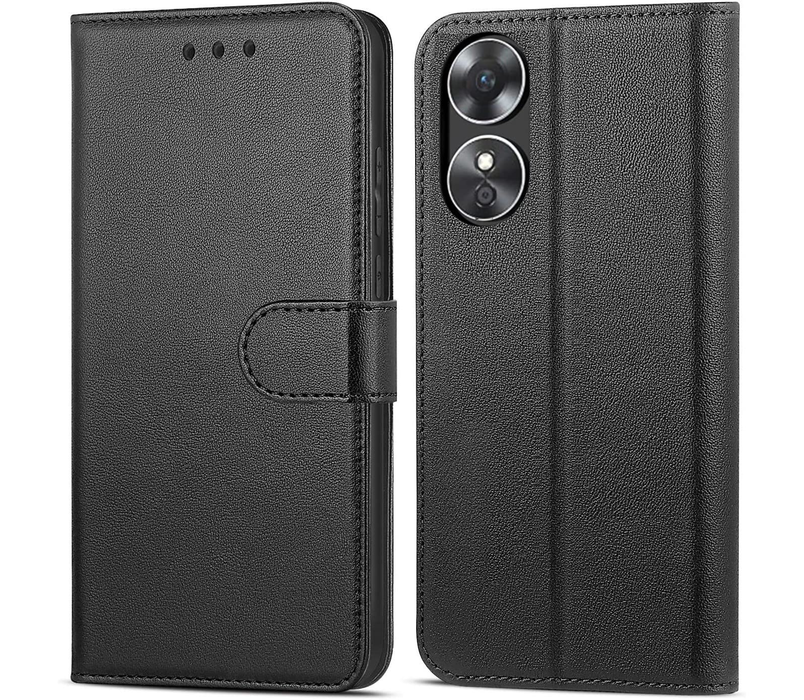 NWNK13 For Oppo A17 Case Leather Wallet Book Flip Stand View Phone Cover with Card Holder Slots Compatible with Oppo A17 (Black)