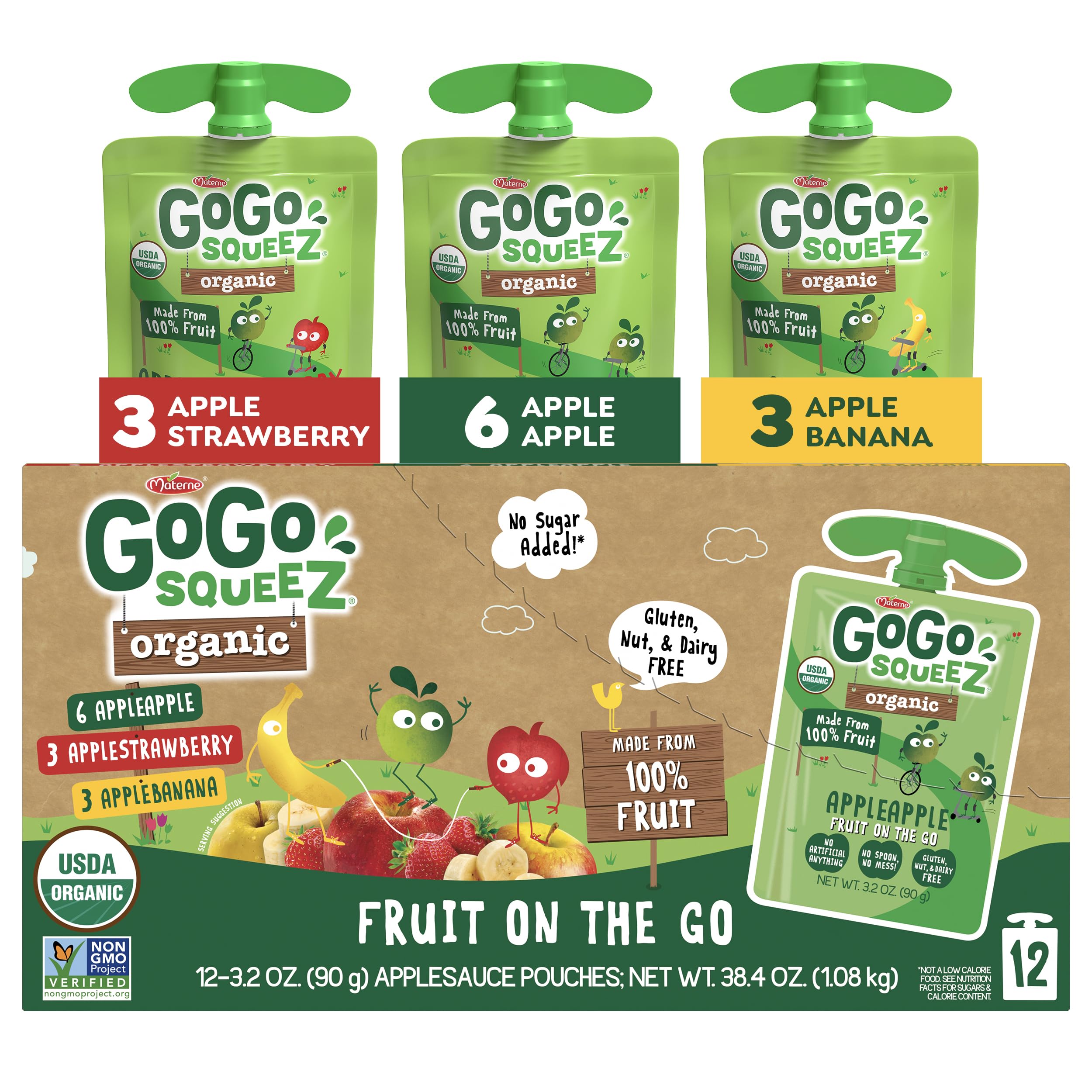 GoGo squeeZ Organic Applesauce and Fruit Puree, Variety Pack, Apple, Strawberry & Banana, 3.2 oz (Pack of 12), Unsweetened Organic Fruit Snacks for Kids, No Gluten, Nut & Dairy, BPA Free PouchesUSDA Organic