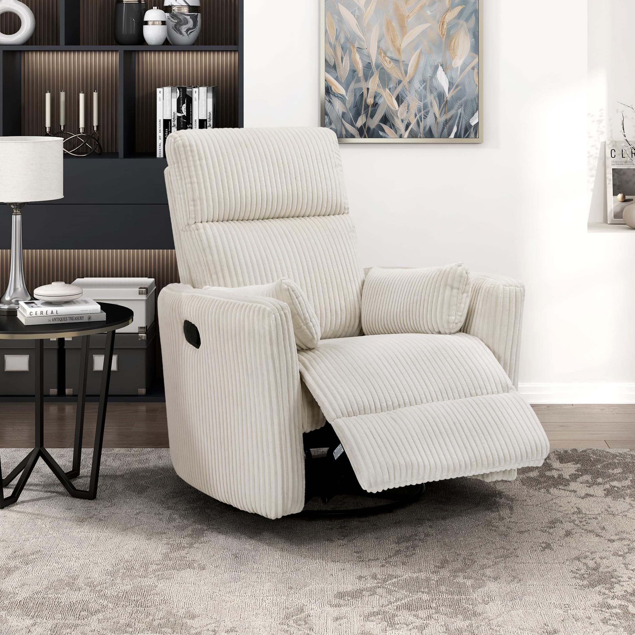 Lexicon Modern Swivel Glider Recliner Chair, Nursery Glider, Corduroy Fabric Upholstery Recliner with 2 Lumbar Pillows, Manual Reclining Sofa Chair