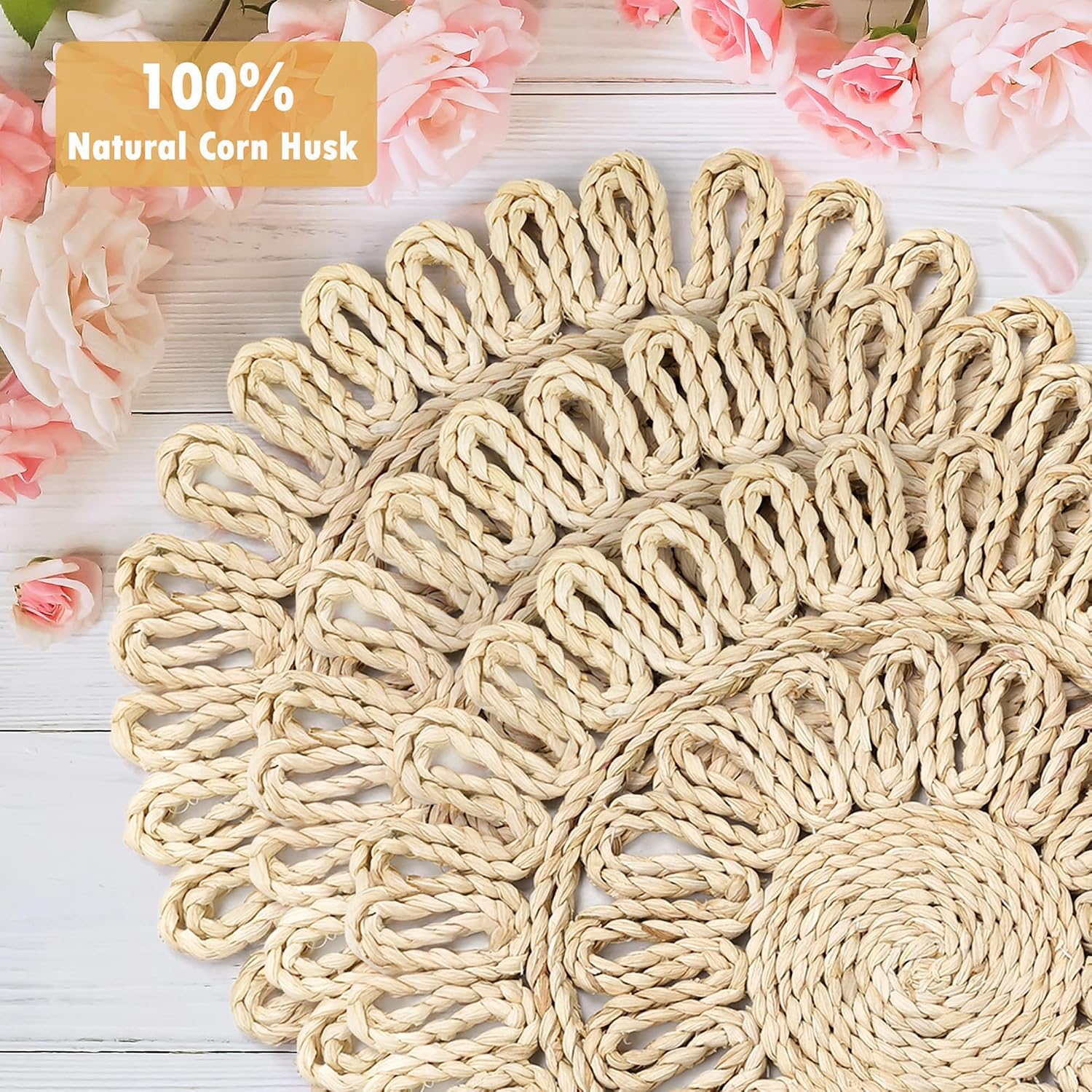 fanquare 11.8-Inch Round Corn Husk Placemats Set of 4, Farmhouse Boho Woven Rattan Table Mats, Natural Wicker Mats Plate Chargers for Dining Table Decor, Beige image 4