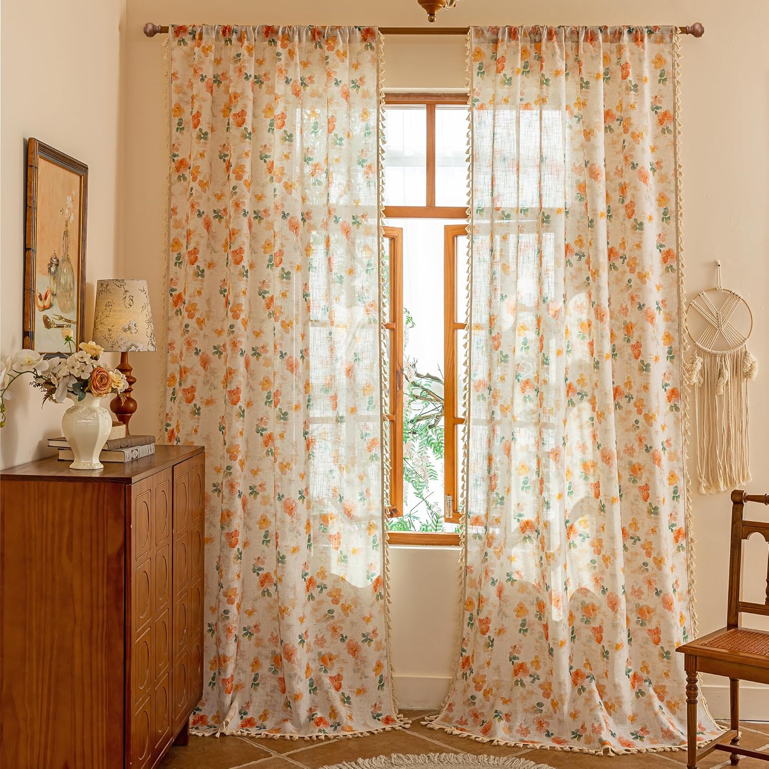 MYSKY HOME Floral Boho Linen Curtains 84 inch Long 2 Panels Set Farmhouse Vintage Orange Printed Semi Sheer Light Filtering Spring Window Drapes With Tassels Back Tab for Living Room Bedroom, W50 inch
