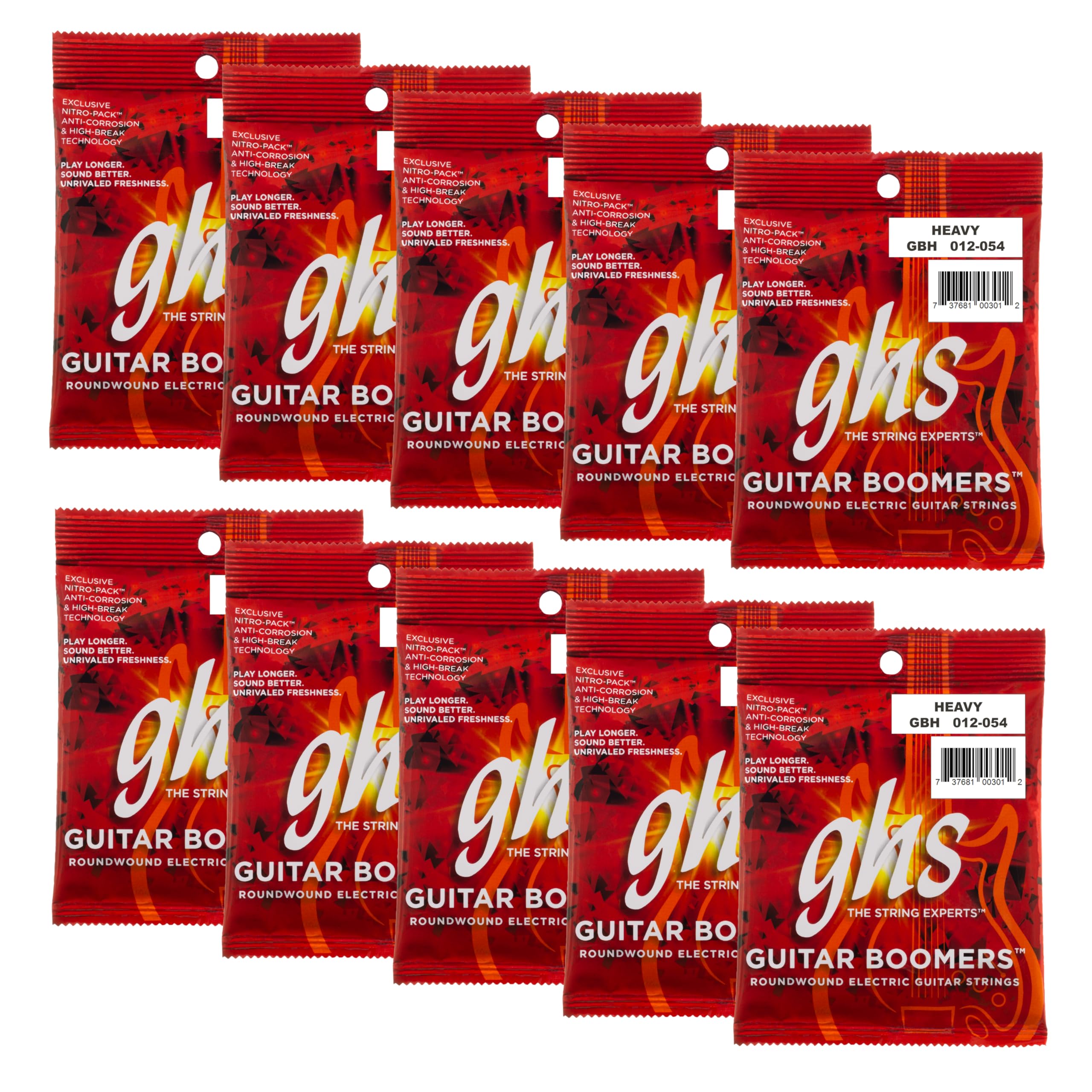 GHS Strings, GBH Boomers, Nickel Plated Steel Electric Guitar Strings, Legendary Strength, Consistent Intonation, Long Lasting Brightness, Tone &amp; Sustain. For 6-String Guitar, 12-52 HVY Gauge, 10 Pack