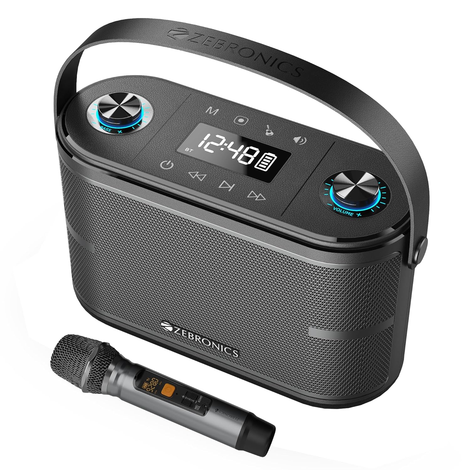 ZEBRONICS PROTONE ONE, Portable Bluetooth Speaker, 120W, 13h Playback, Wireless UHF MIC with Display & Controls, Karaoke, Recorder, Carry Strap, BT v5.0 | TWS | USB | mSD | AUX | 6.3mm Guitar & MIC ZEBRONICS PROTONE ONE, Portable Bluetooth Speaker, 120W, 13h Playback, Wireless UHF MIC with Display & Controls, Karaoke, Recorder, Carry Strap, BT v5.0 | TWS | USB | mSD | AUX | 6.3mm Guitar & MIC