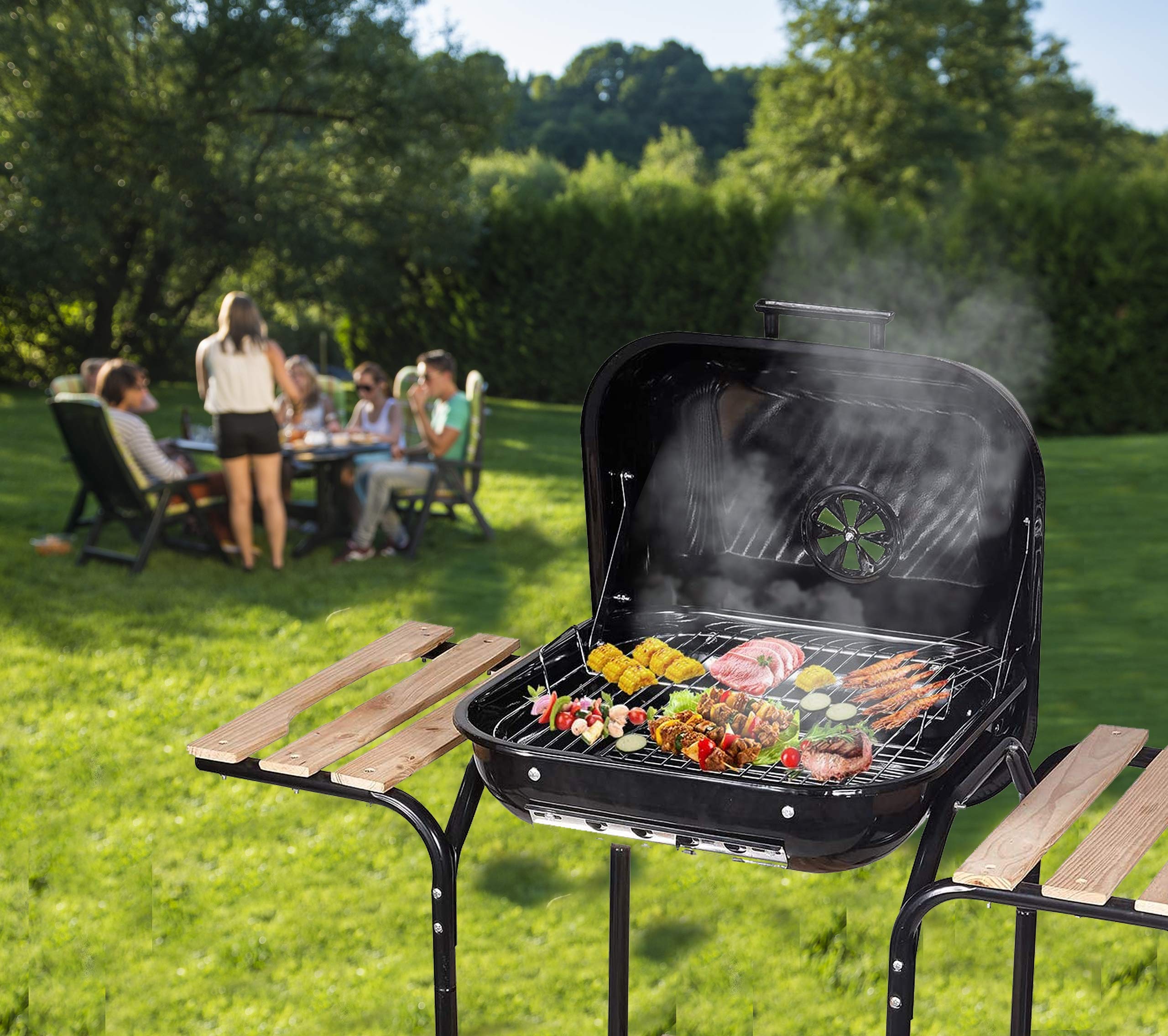 GrillMaster Kohlegrill EmaBend GM3000 + Gebläse, Gartenbau, Karbon, Mit Rollen, Holzböden