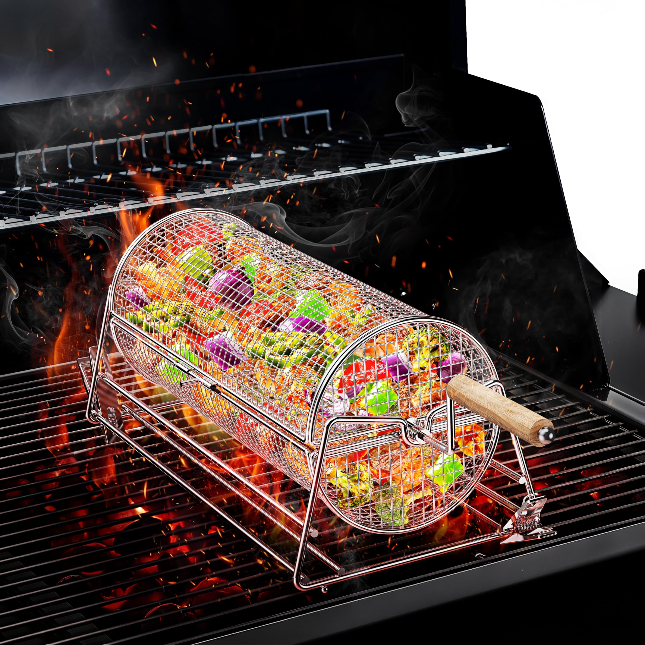 2-en-1 Panier à Barbecue Roulant Rotatif, Inoxydable 304 avec Poignées Détachables Doubles Manivelle et Droite, Accessoires BBQ pour Légumes Crevettes, Cadeau Idée Homme Papa Mari Anniversaire