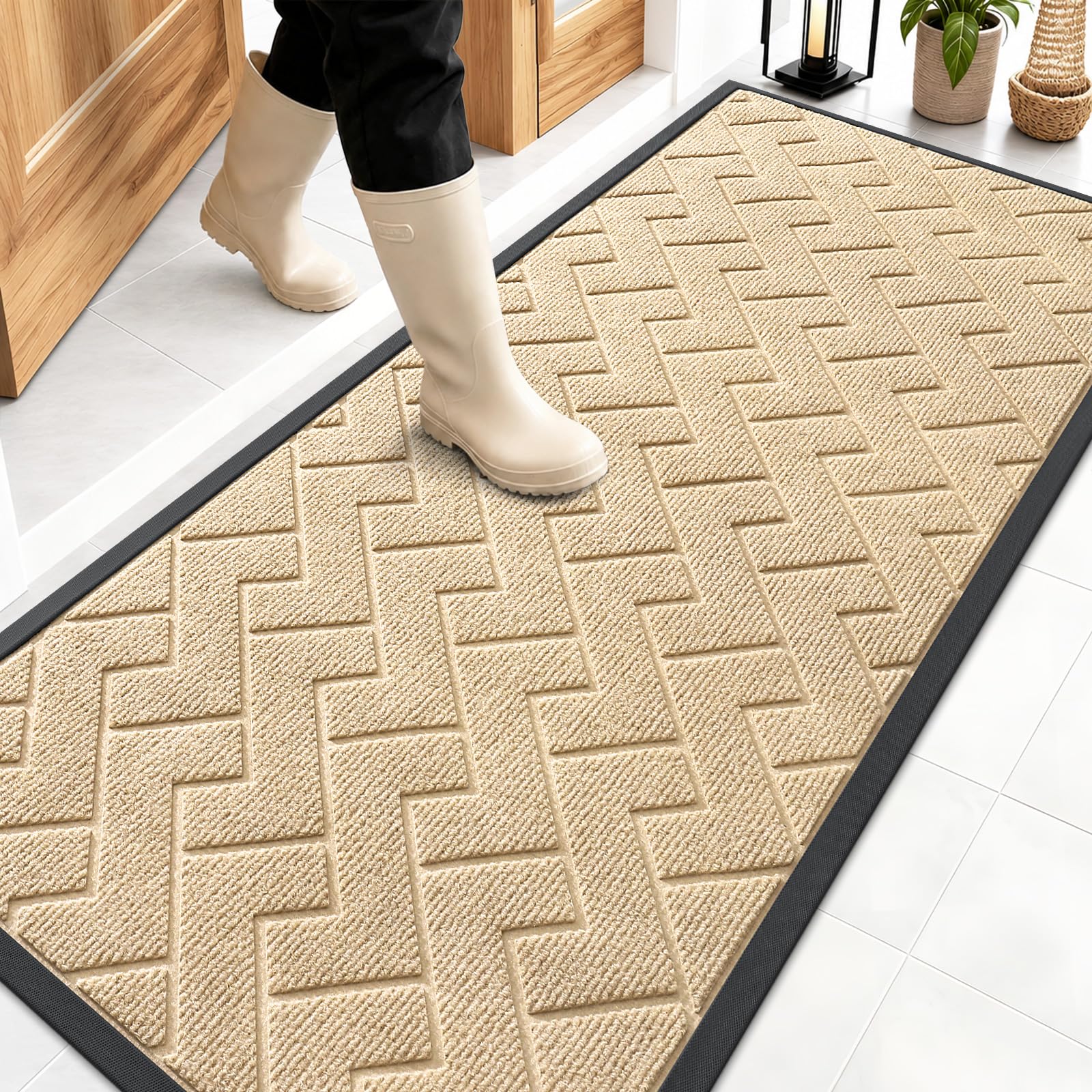 OLANLY Front Door Mat Outside 59x23, All-Season Absorbent Rubber Doormat | Beige, Heavy-Duty, Stain and Fade Resistant, Waterproof Non-Slip Backing, Low-Profile Indoor Outdoor Floor Mat for Entryway