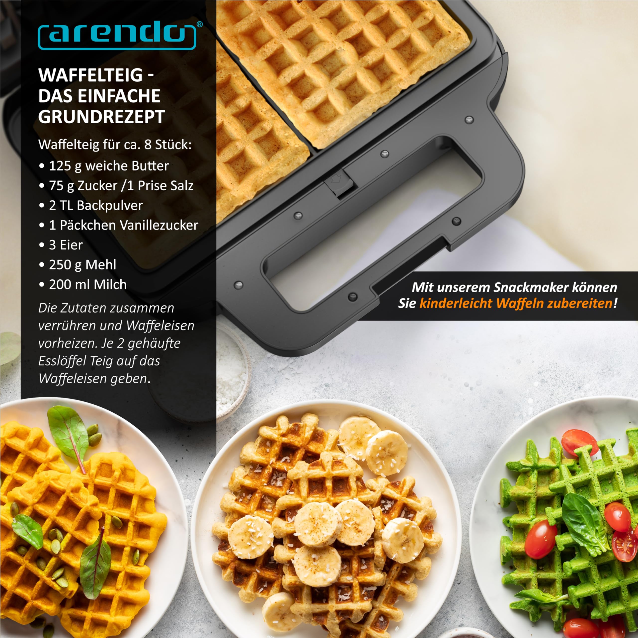 Arendo -Sandwichmaker mit Wechselplatten - Waffeleisen doppelt - 4 in 1 - Panini Maker Kontaktgrill - Antihaftbeschichtung - BPA frei - Temperaturkontrolle – Sandwich Maker - Sandwichtoaster