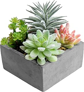 MyGift Artificial Succulent Plants Arrangement in Grey Square Cement Pot (Assortment 1) - coolthings.us