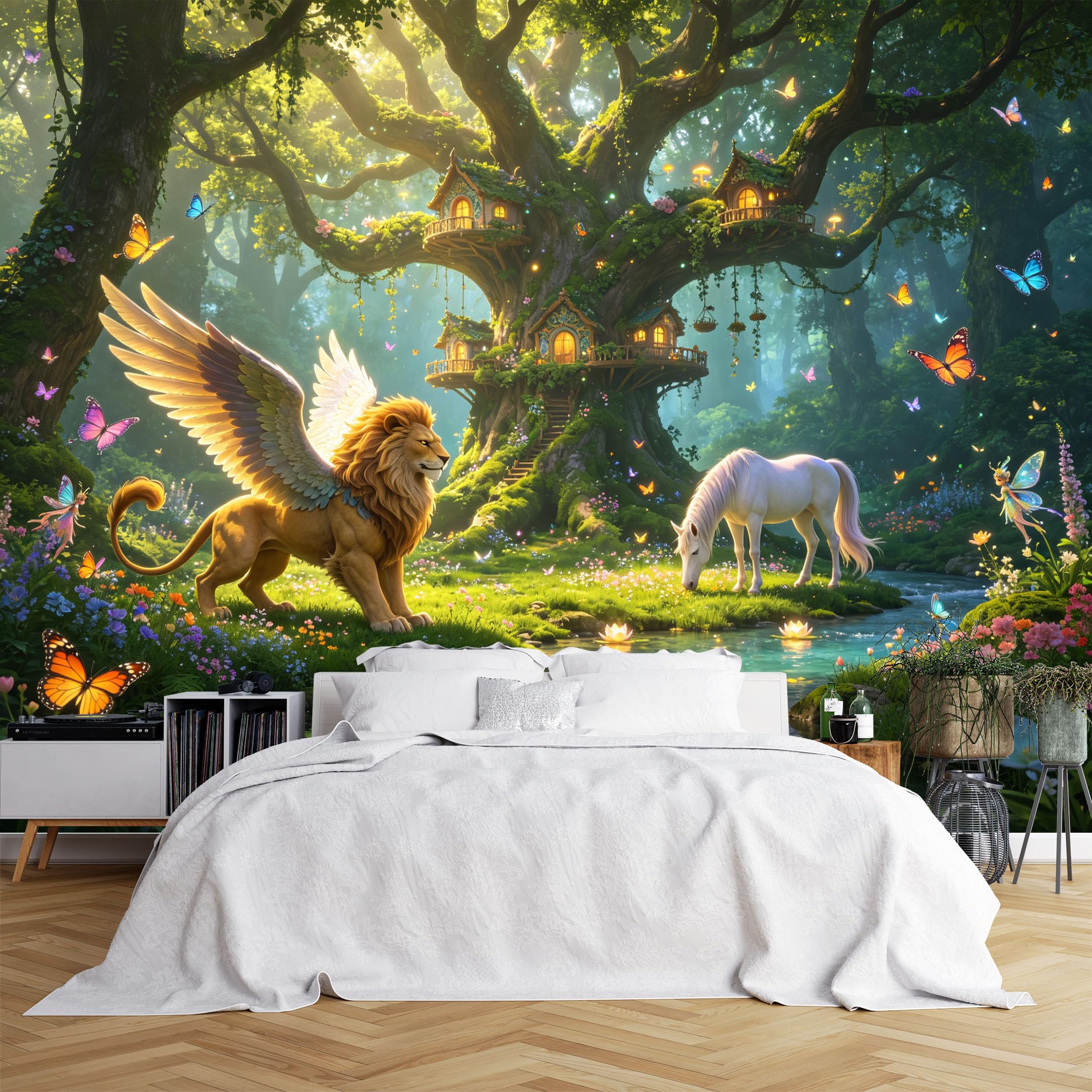 Custom Size Wall Murals Magical Forest with Winged Lion and Treehouse Wallpaper, 3D Self-Adhesive Removable Wallpaper for Living Room, Kids Room