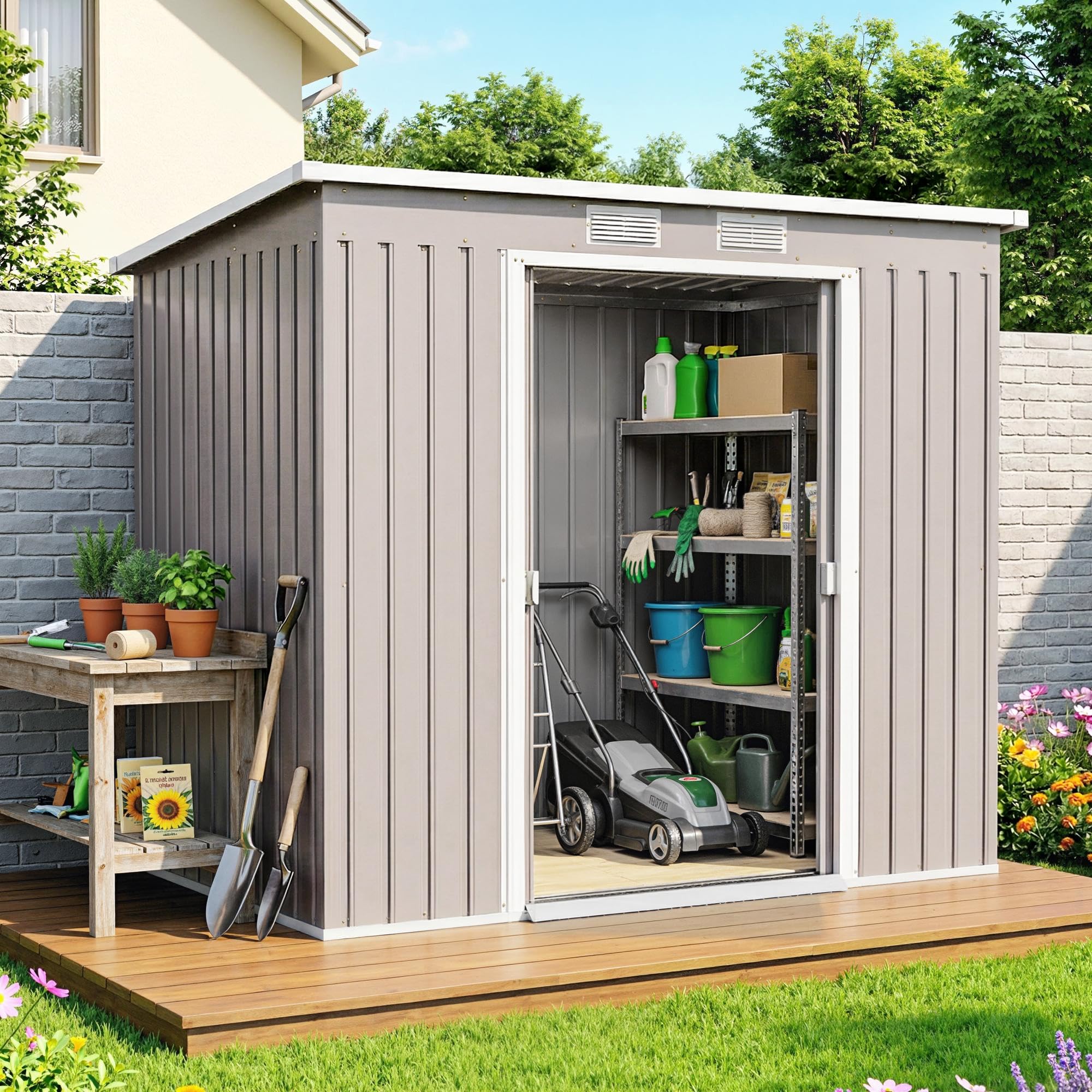 Outsunny Casetta da Giardino 2.42m² Acciaio Zincato con Kit Fondazione 213x130x172 cm Grigio