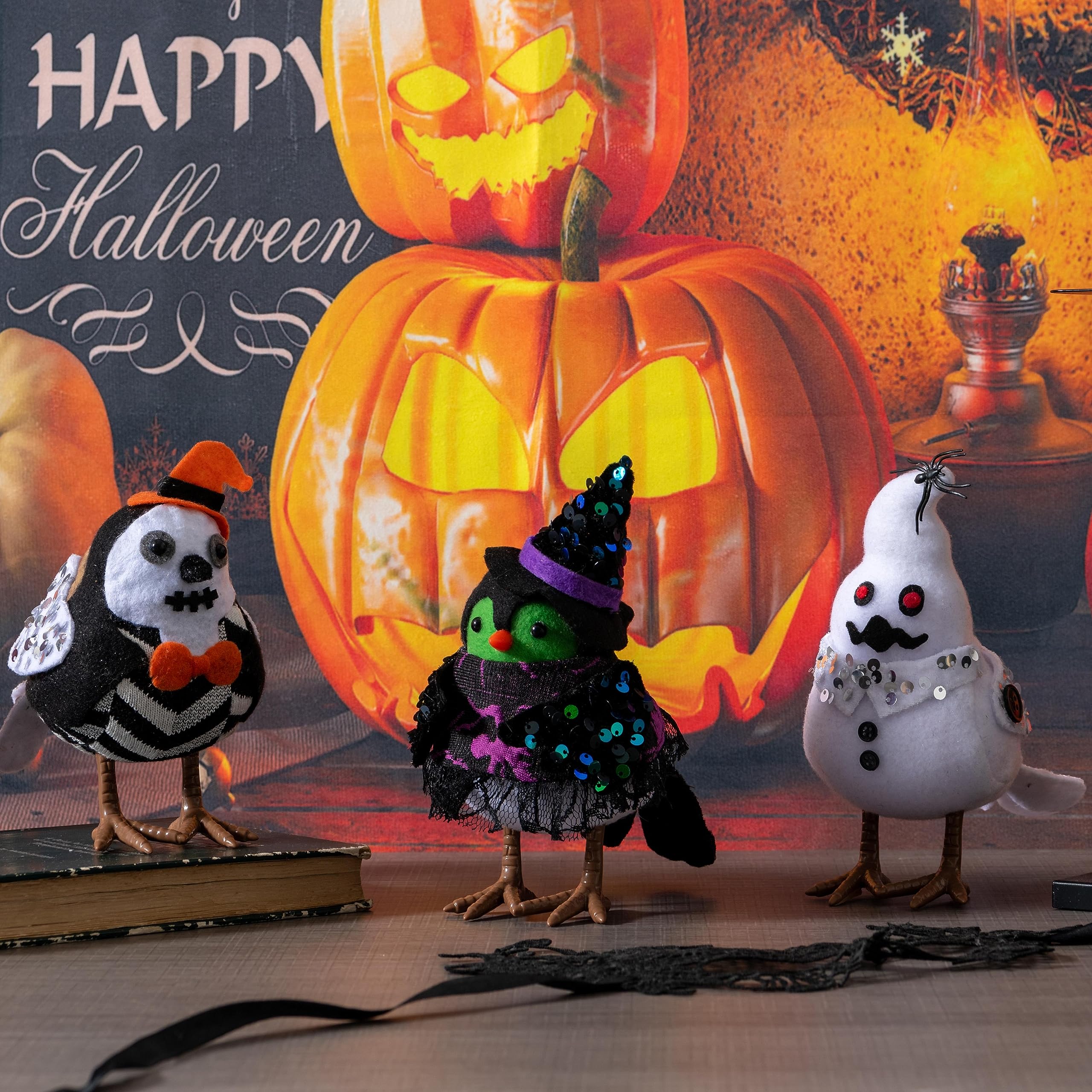 Halloween Decorations Halloween Birds 3 Packs Plush Ornaments Tiered Tray for Figurine Party Table Shelf Home Mantel Fireplace Decor Skull and Ghost Black and White