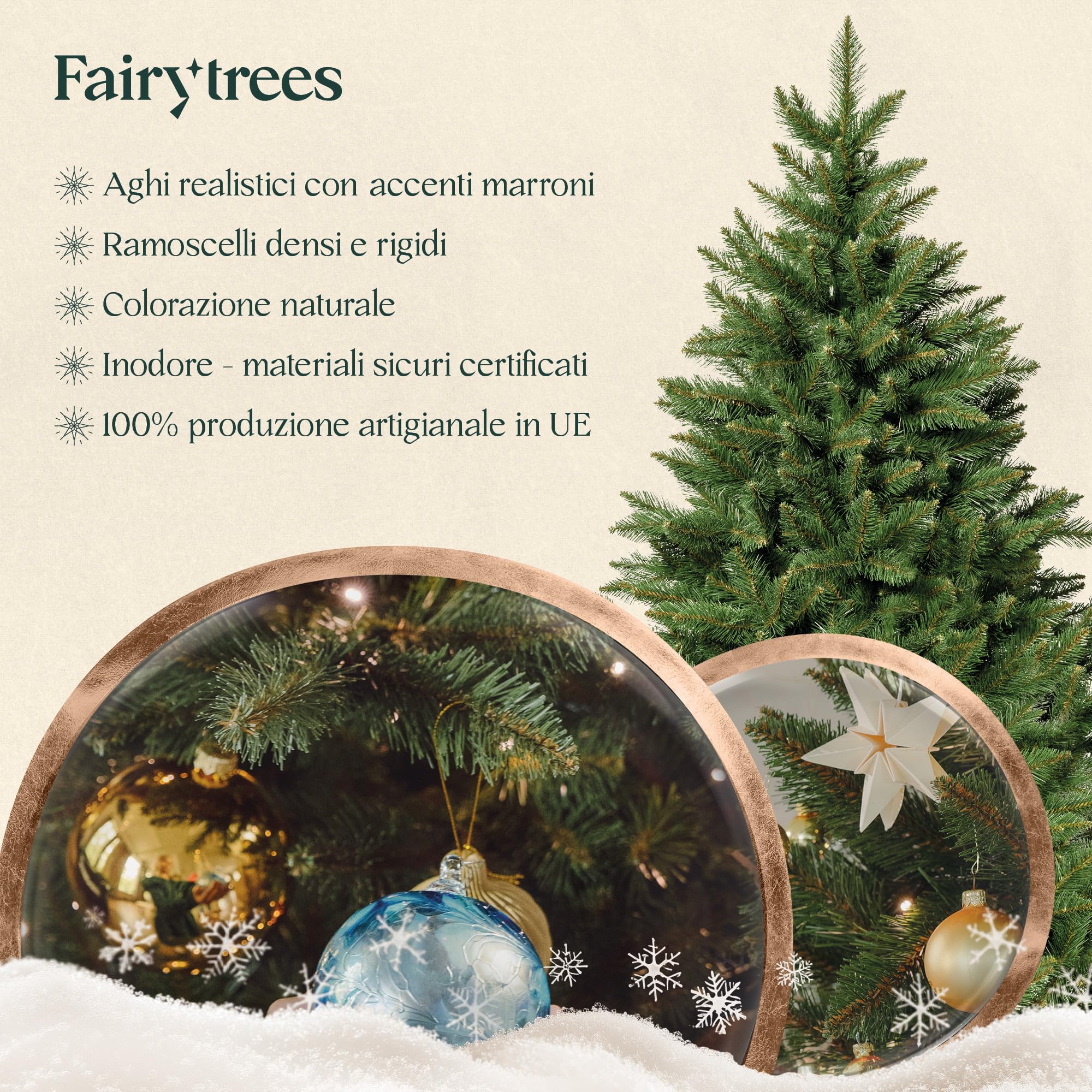 FairyTrees albero di Natale artificiale 220cm Abete Nordmann con supporto in legno | Albero di Natale artificiale con tronco verde | Facile da Montare | Prodotto in EU