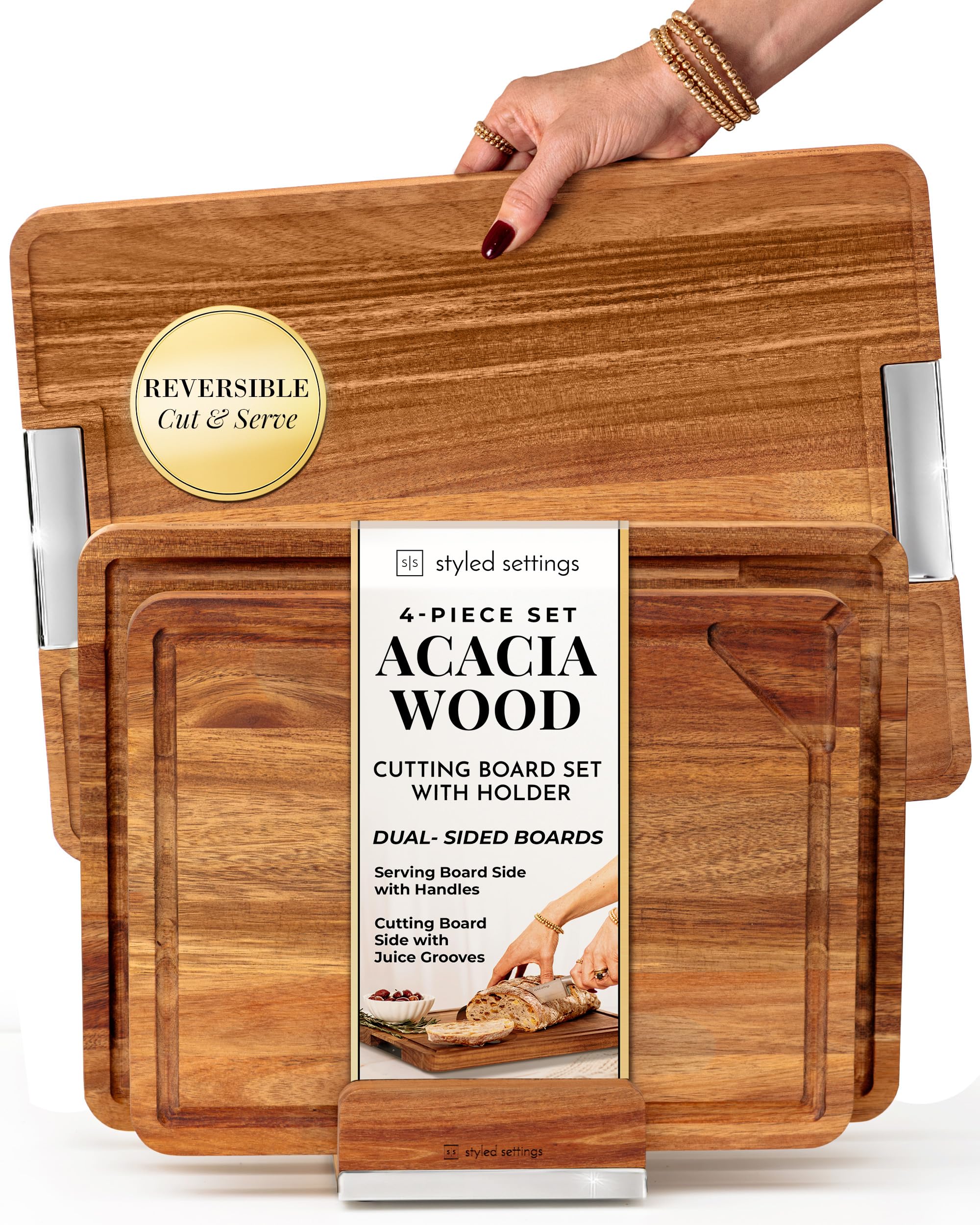 acacia wood cutting board set with holder – pre-oiled, non-toxic reversible charcuterie tray and wooden chopping boards with stand, juice grooves and silver handles - ideal kitchen gift