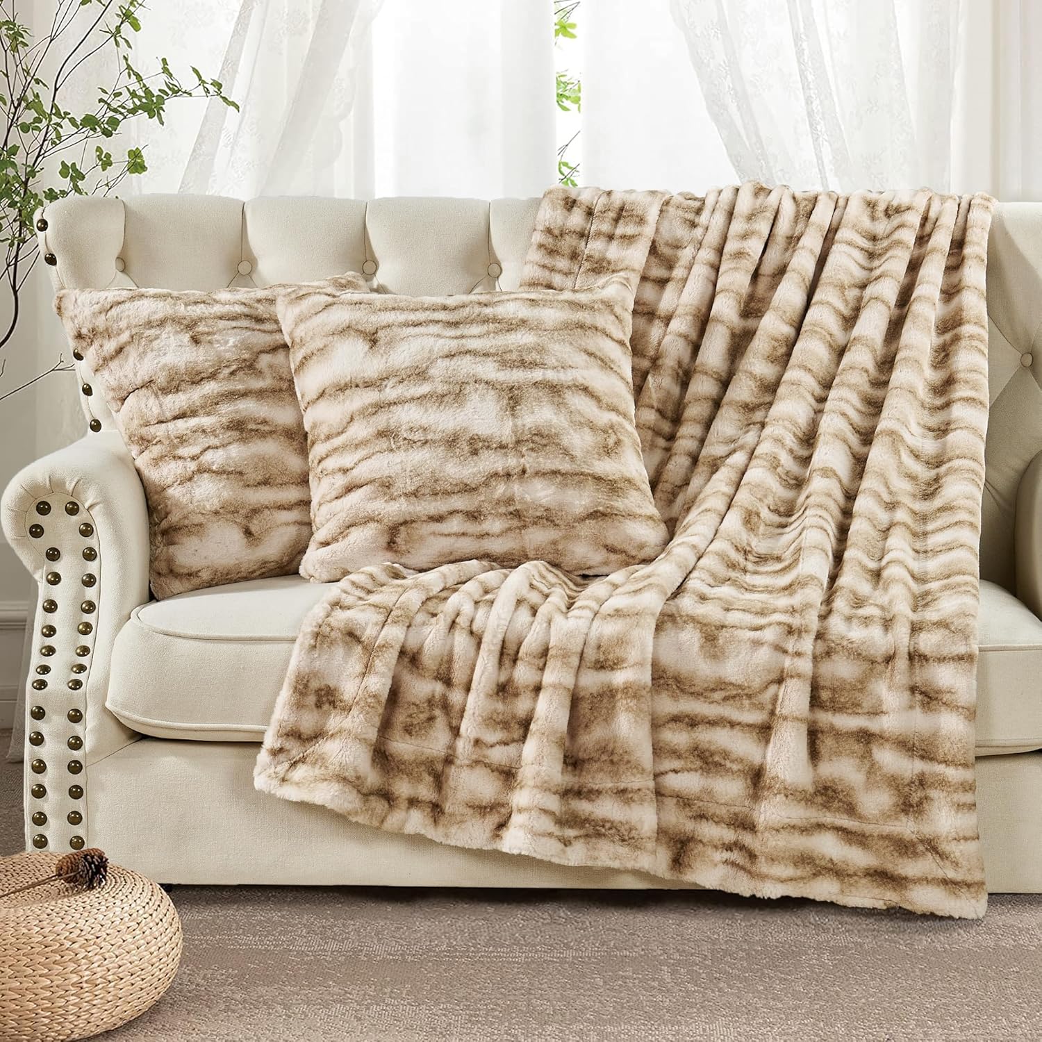 Home Soft Things 3 Pieces Throw Set Raccoon Faux Fur Throw Soft Furry Luxurious Blanket 2 Decorative Square Pillow Covers, Taupe, 50'' x 60''