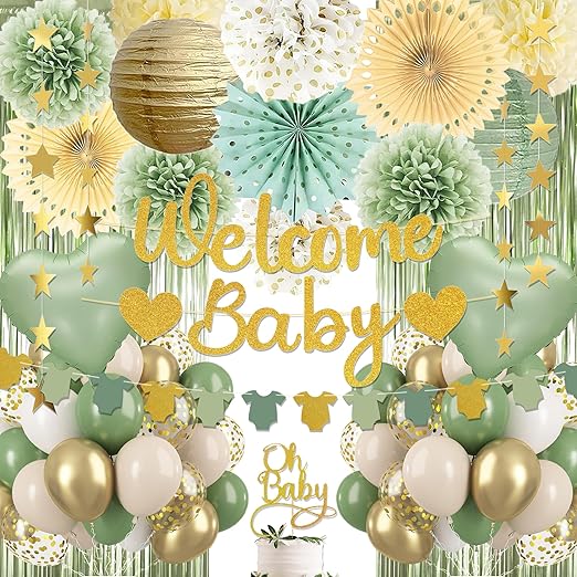 Sage Green Baby Shower Decorations Kit - Gender Neutral Welcome Baby Party Supplies