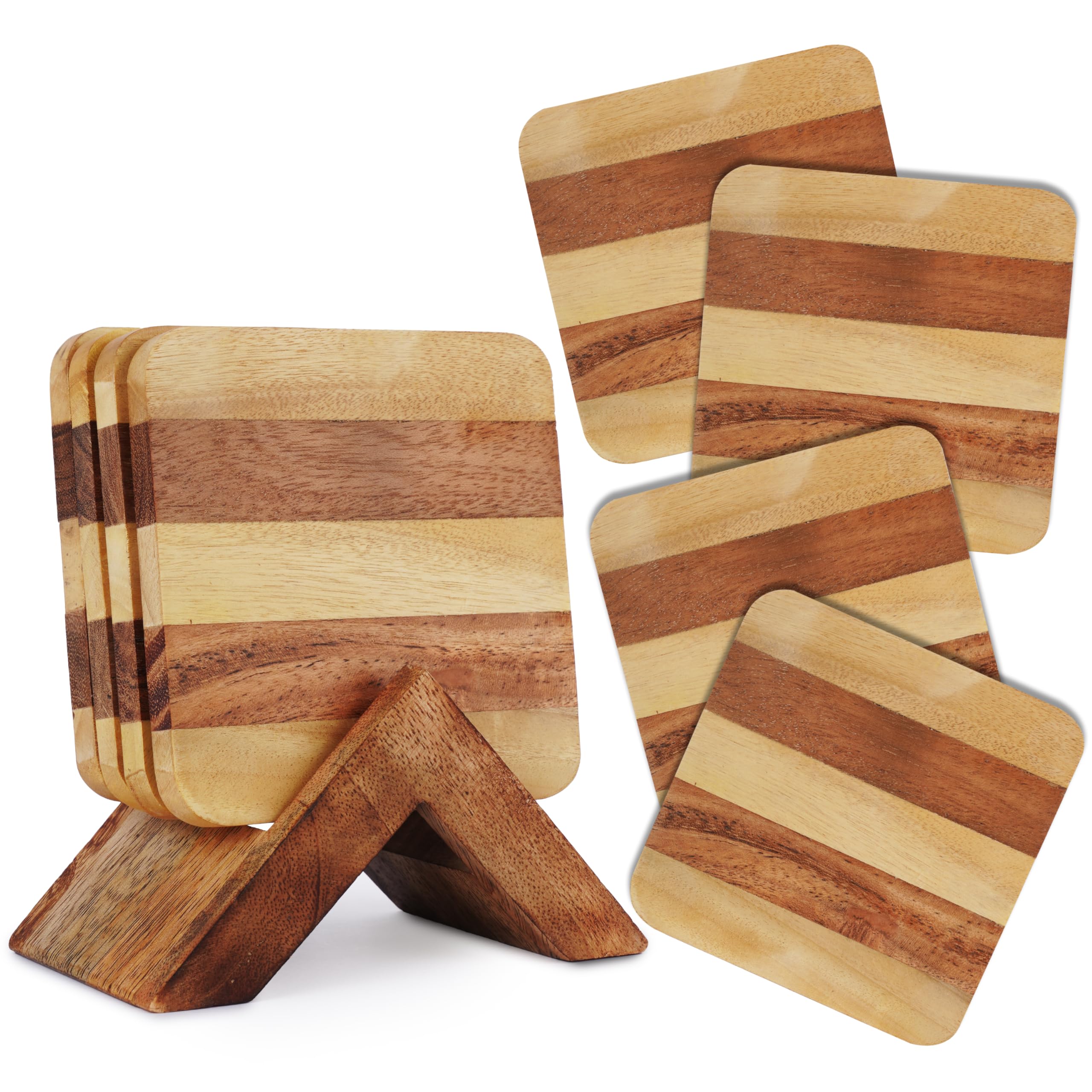 WLWNWFT Sottobicchieri in legno rotondo per bicchieri, set da 6 pezzi, sottobicchieri in legno di acacia e sughero con supporto, sottobicchieri in