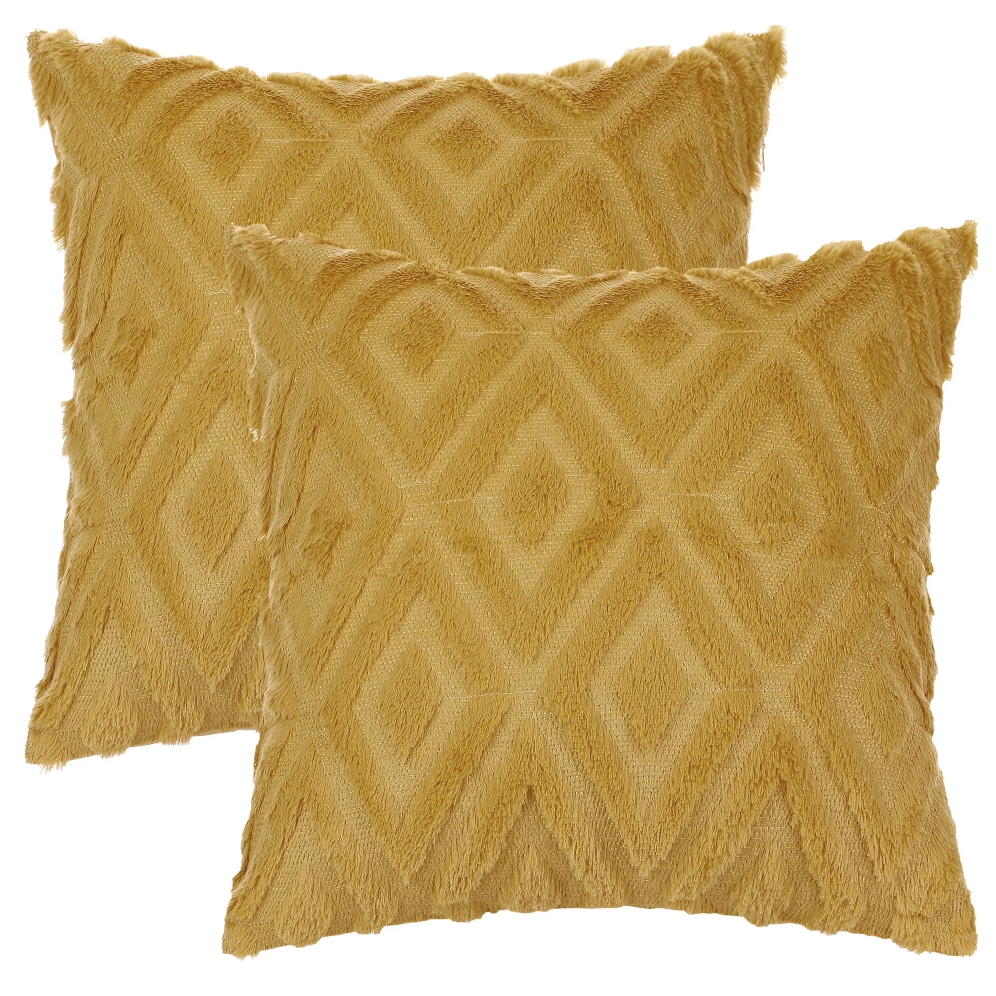 Uxcell Set of 2 Shaggy Plush Faux Fur Throw Pillow Covers Patterned Pillow Covers for Sofa Living Room Yellow-1 40 x 40 cm
