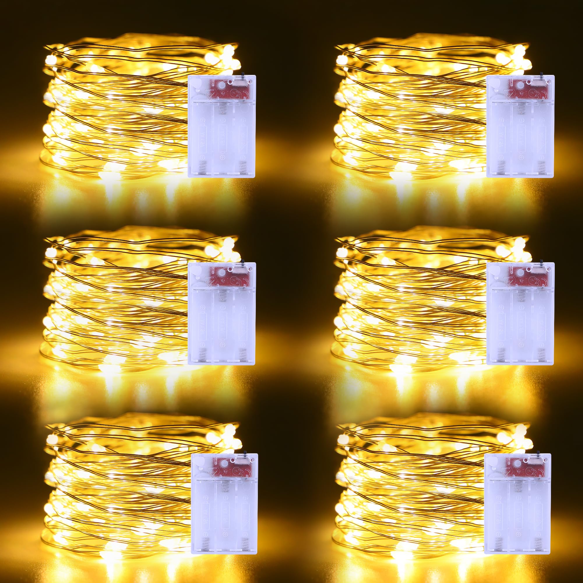 6 Piezas luces de hadas que funcionan con pilas, 5M 50 LED Cadena de Luces parpadeantes, temporizador para Navidad, dormitorio, interior, exterior, boda, dormitorio, fiestas (blanco cálido)