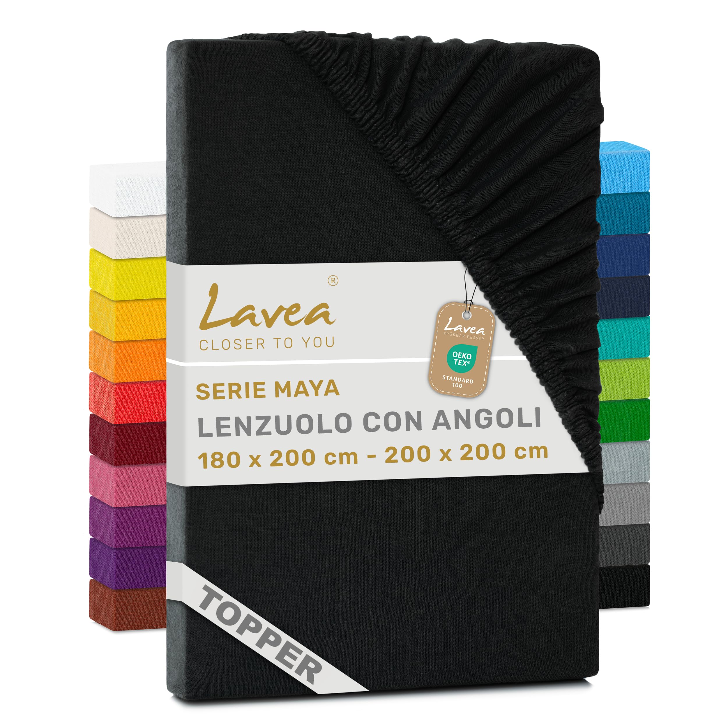 Lavea® Lenzuolo con Angoli Matrimoniale 180x200 cm – Jersey 100% Cotone – Per Materassi Topper fino a 10 cm – Con Elastico Tutto Intorno – Certificato OEKO-TEX – Nero
