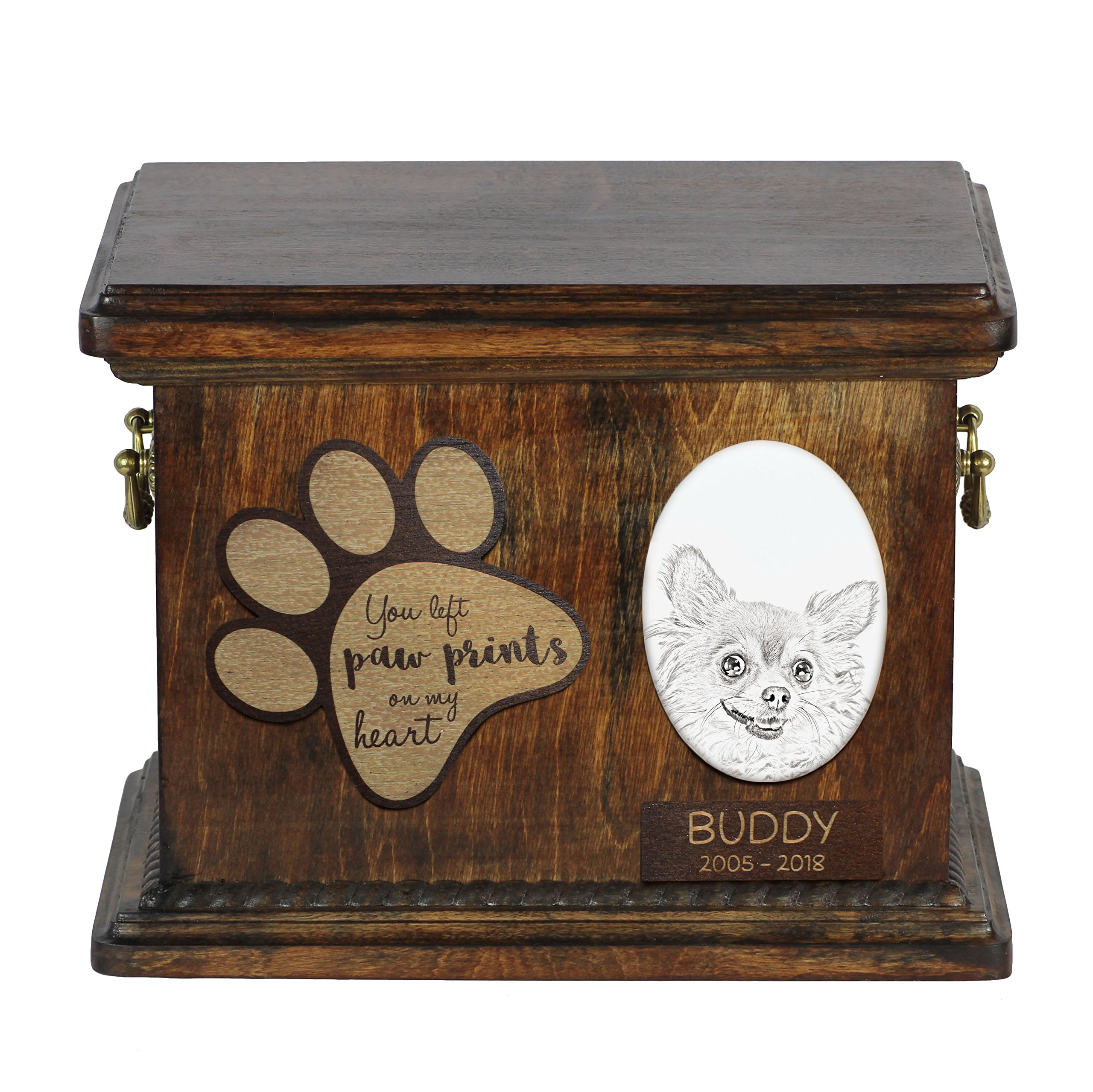 Art-Dog Urna Commemorativa per Cani Personalizzata - Ritratto in Bronzo Fuso a Freddo Fatto a Mano su Base in Betulla con Piatto - 8,3x11,4x8,7" - Chihuahua a Pelo Lungo