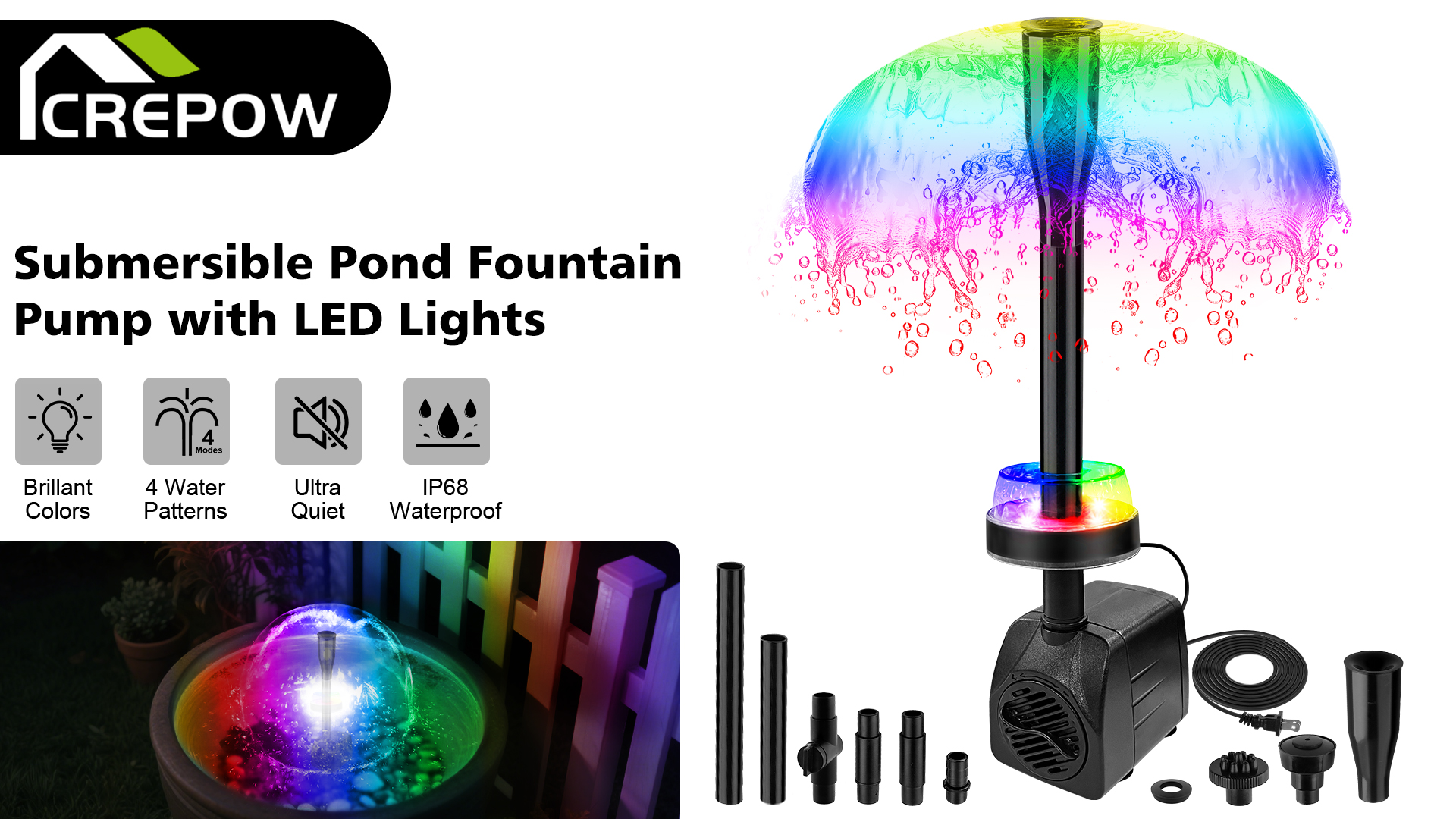Bomba Sumergible de Fuente 15W 800L/H con Luces LED, Bomba de Agua Ajustable y Silenciosa para Estanques, Acuarios y Fuentes de Jardín con 3 Tipos de Boquillas miniatura 7